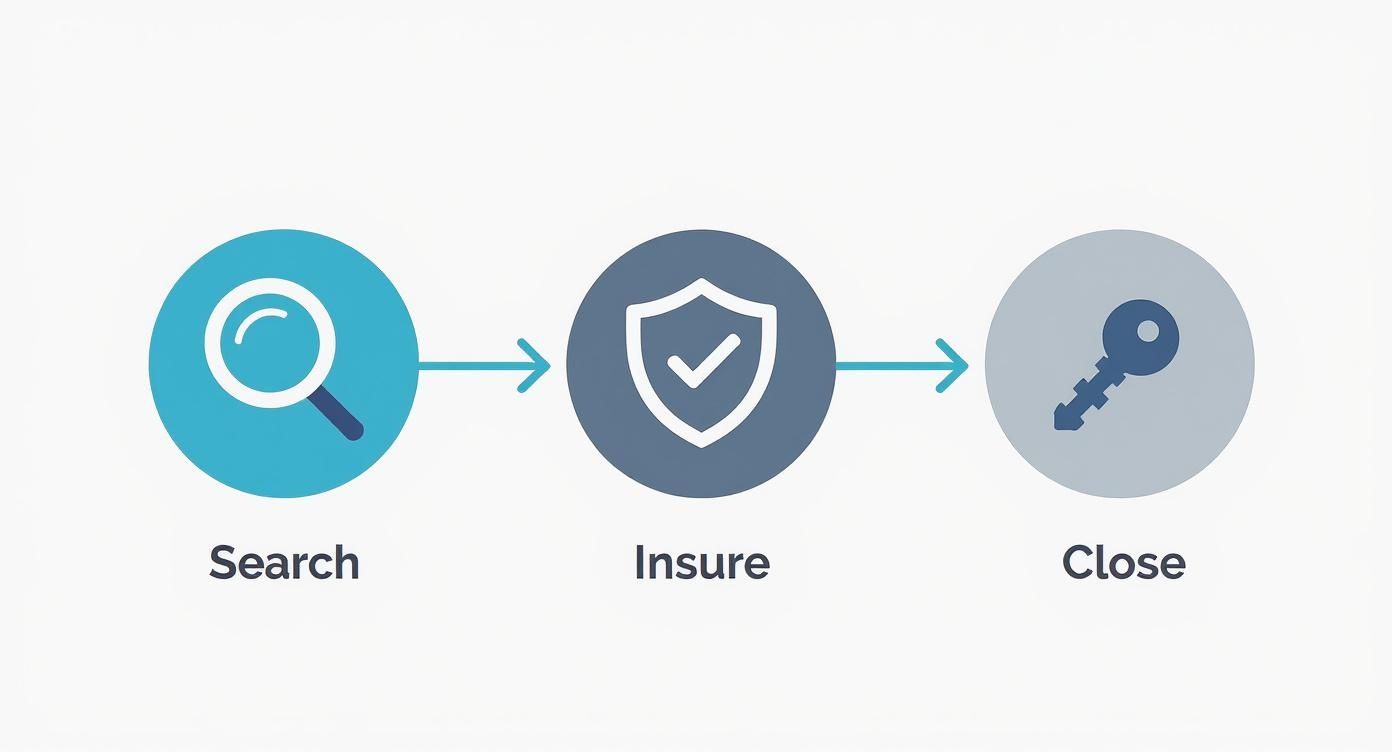 An infographic showing the three-step process of title verification: Search, Insure, and Close.