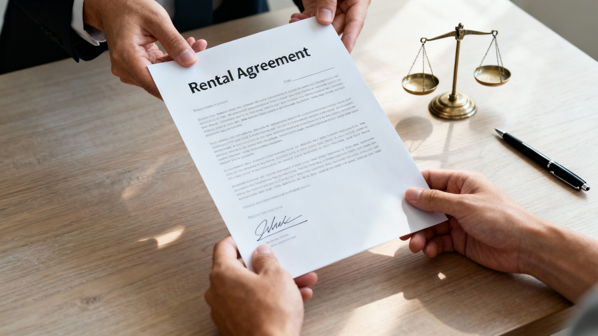 A person signing a legal document on a desk with a gavel and scale of justice nearby.