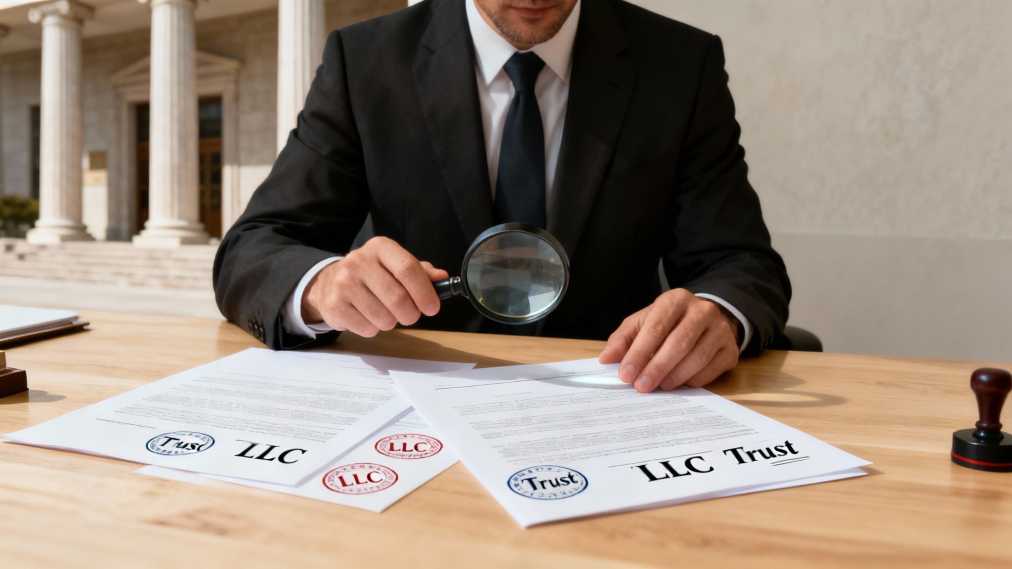 A magnifying glass hovering over a complex diagram of interconnected corporate entities and trusts.