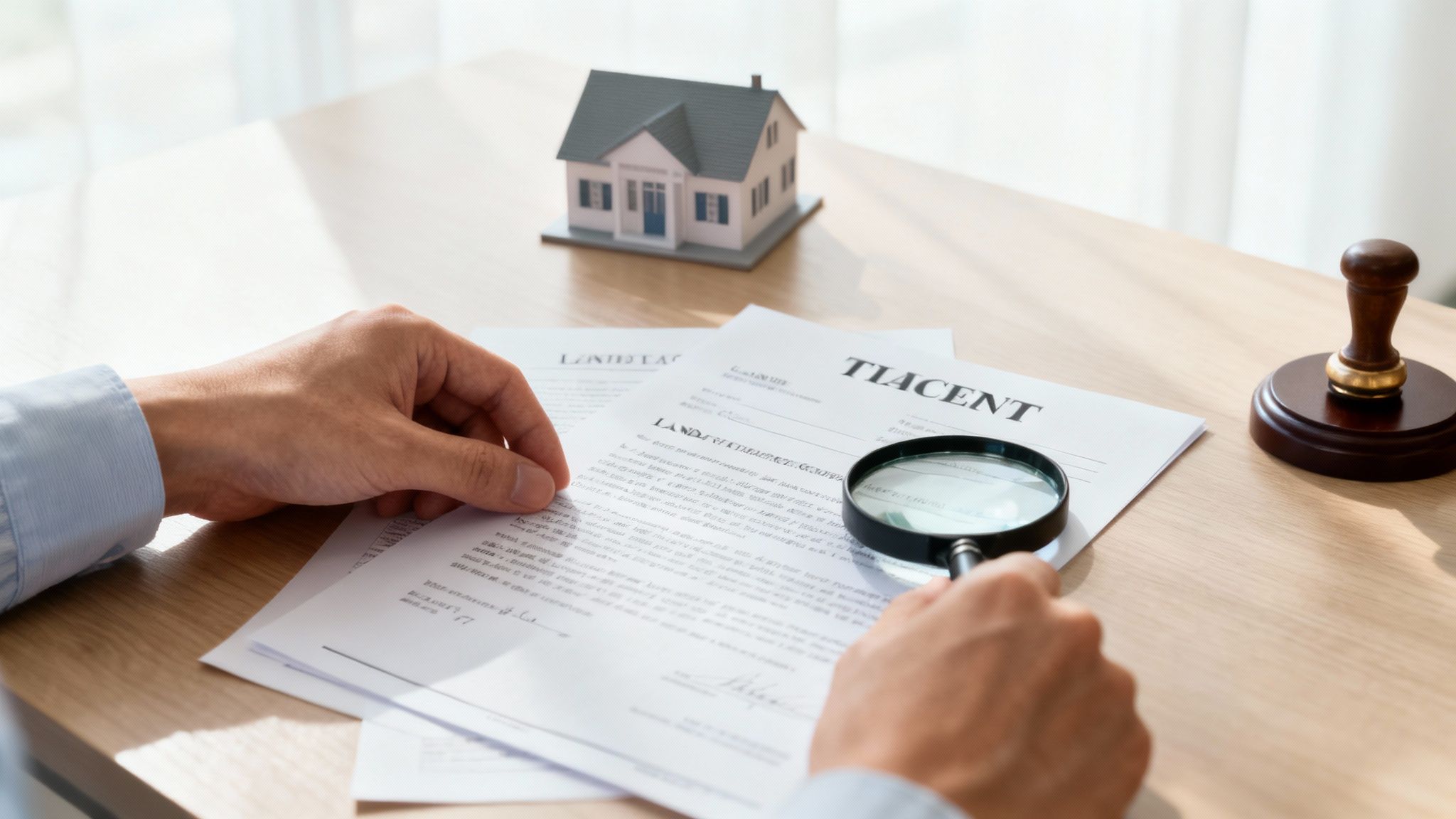 A person examining documents with a magnifying glass, symbolizing a detailed title search.