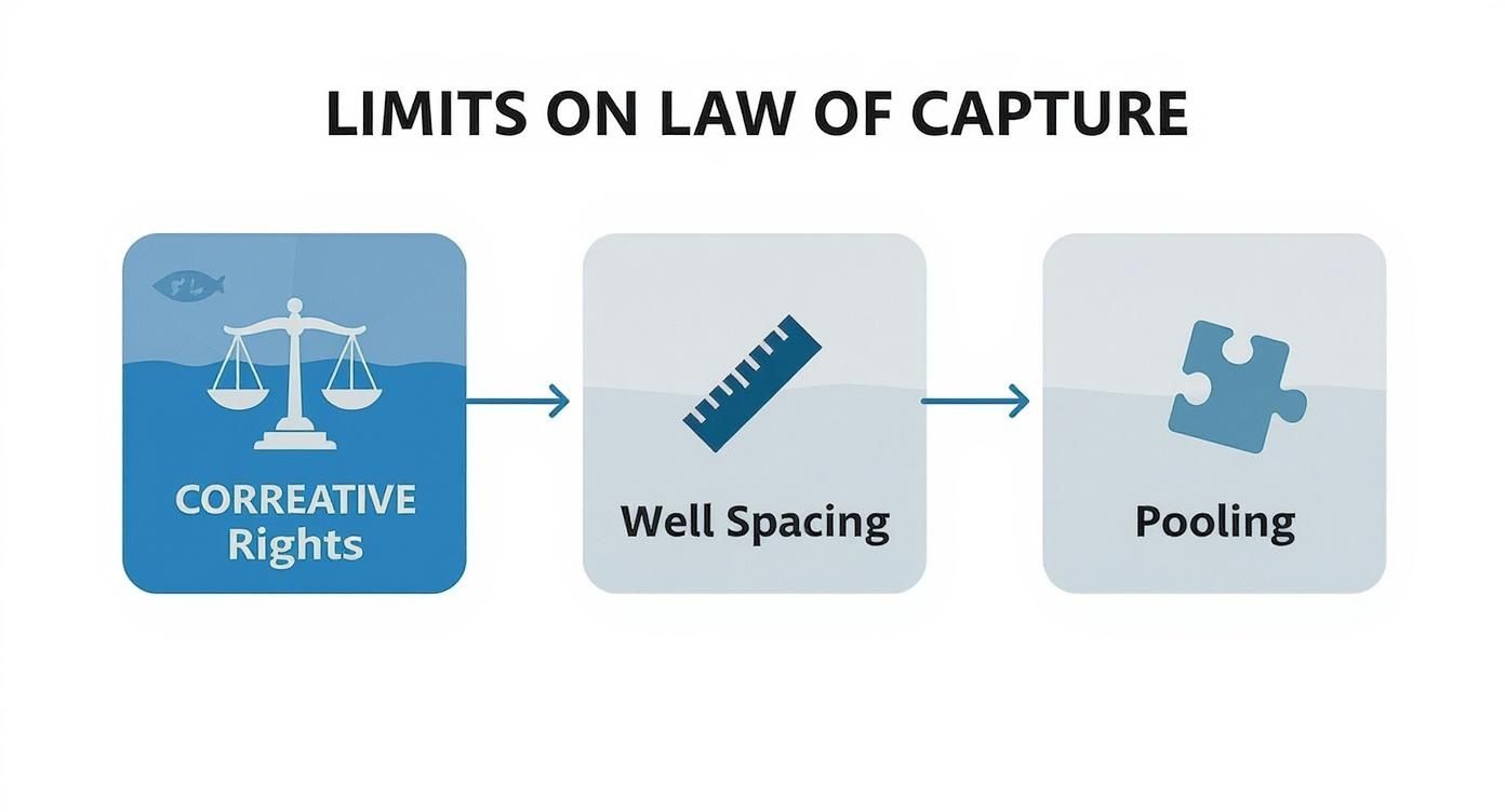 Infographic decision tree showing the limits on the law of capture, including correlative rights, well spacing, and pooling.