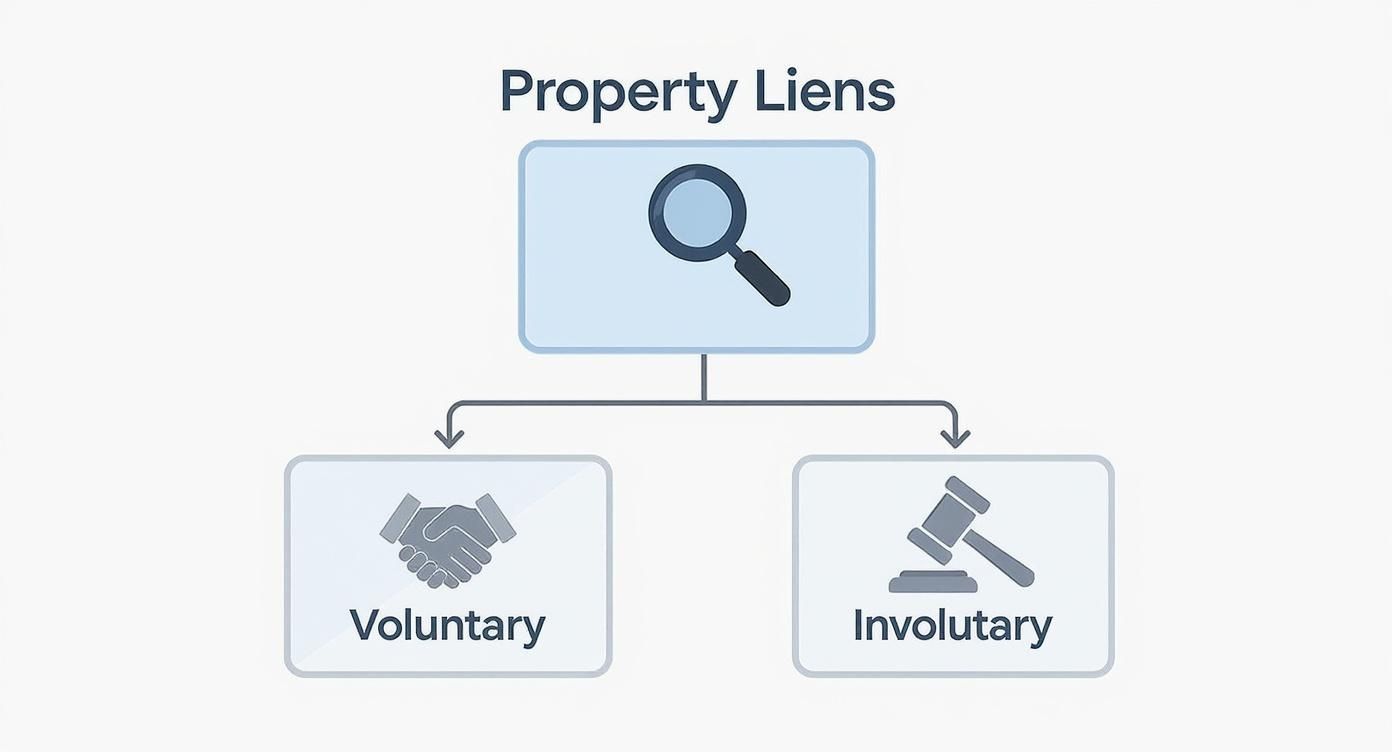 Infographic showing a hierarchy diagram of Property Liens, branching into Voluntary and Involuntary categories.