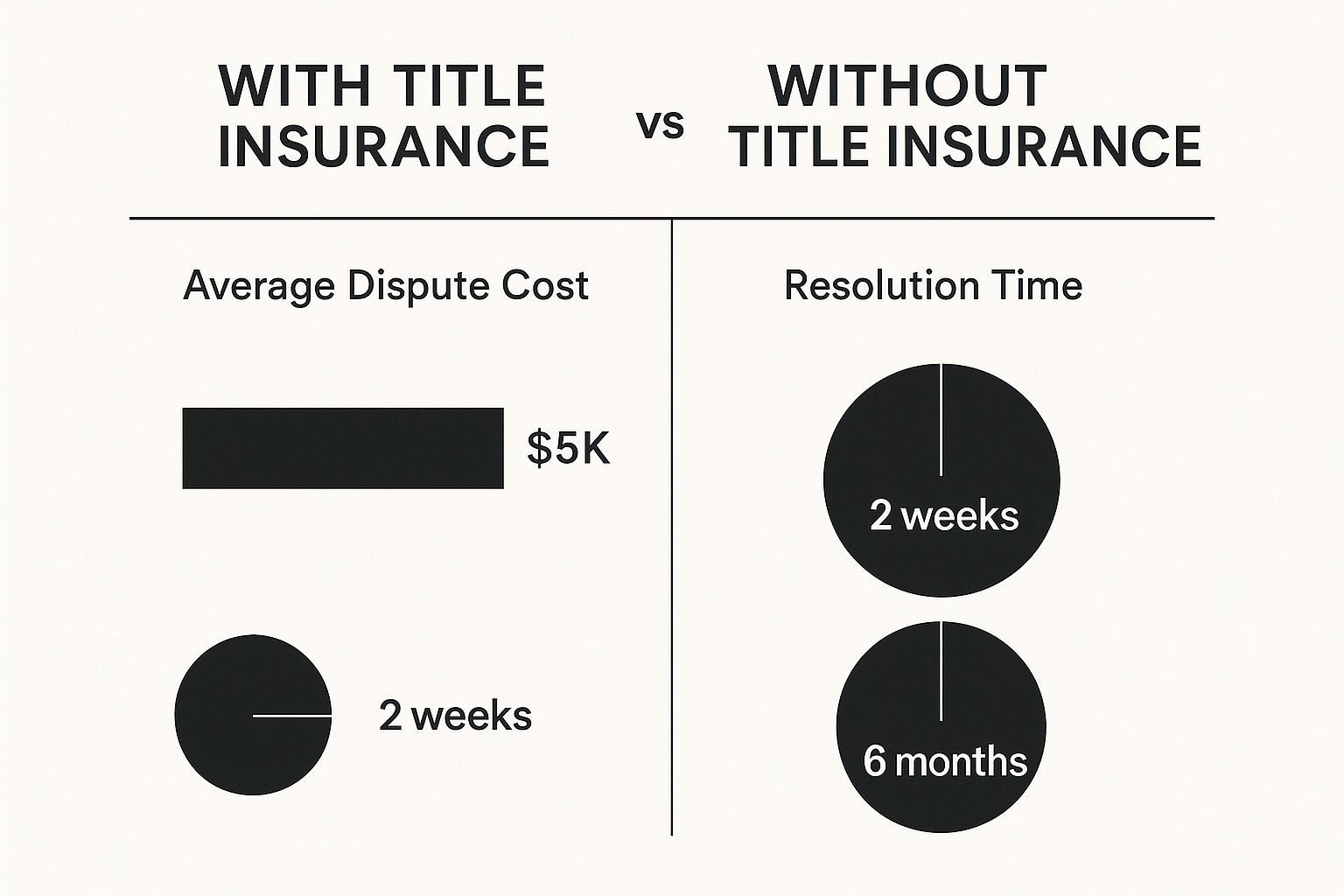 Infographic comparing the average cost and resolution time for property title disputes with and without title insurance.