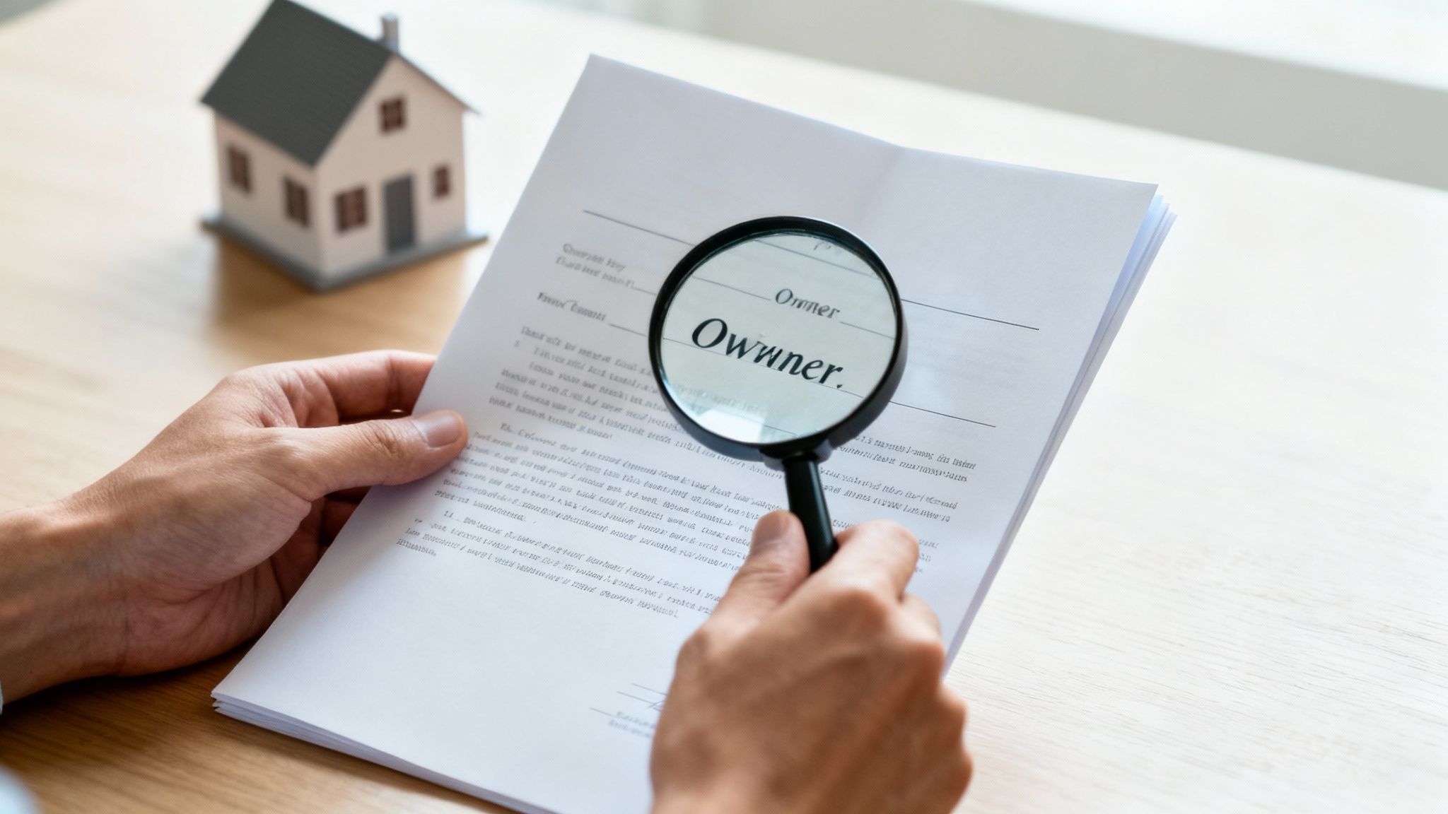 A person examining property documents with a magnifying glass, symbolizing a title search.