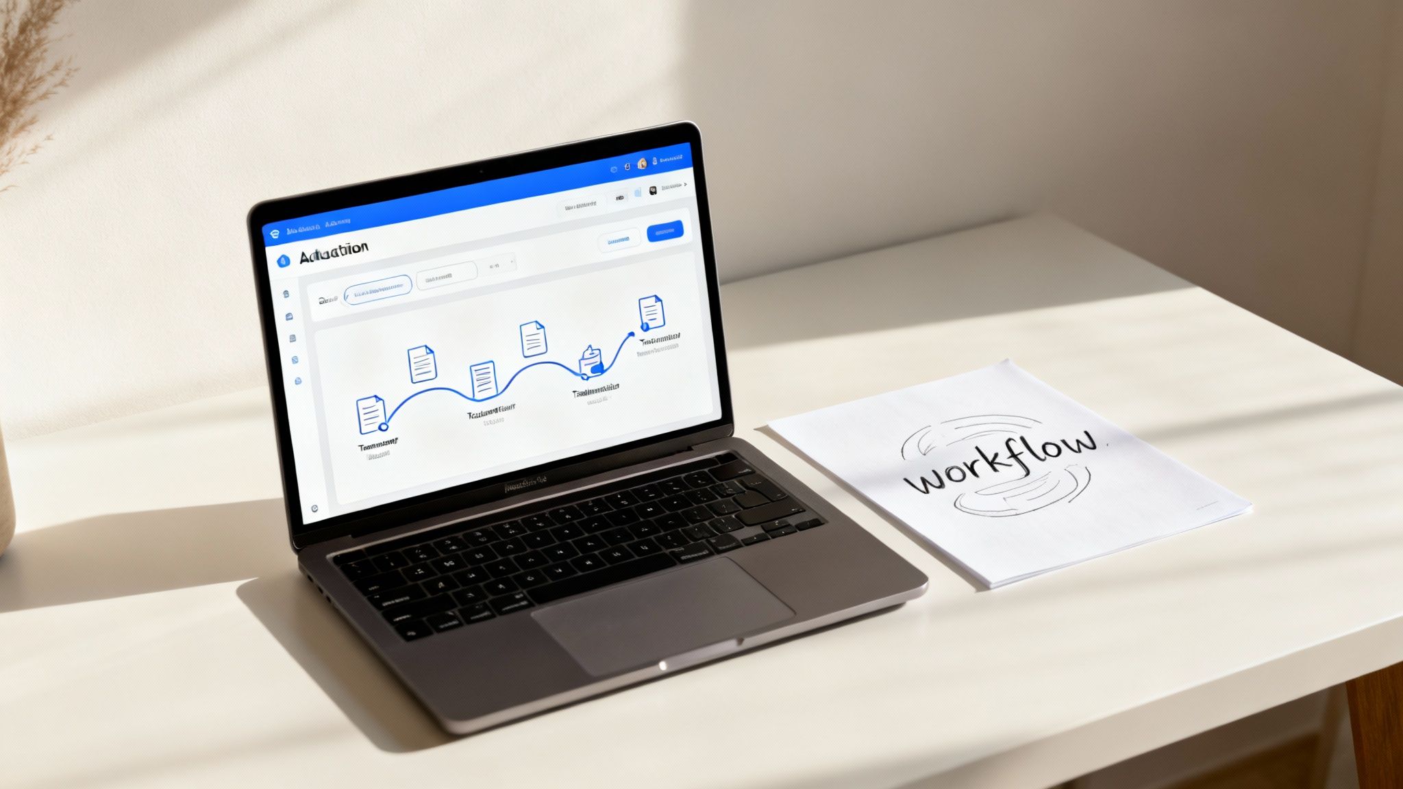 A professional at a clean desk with a computer showing automated workflows, while they focus on a high-value task.