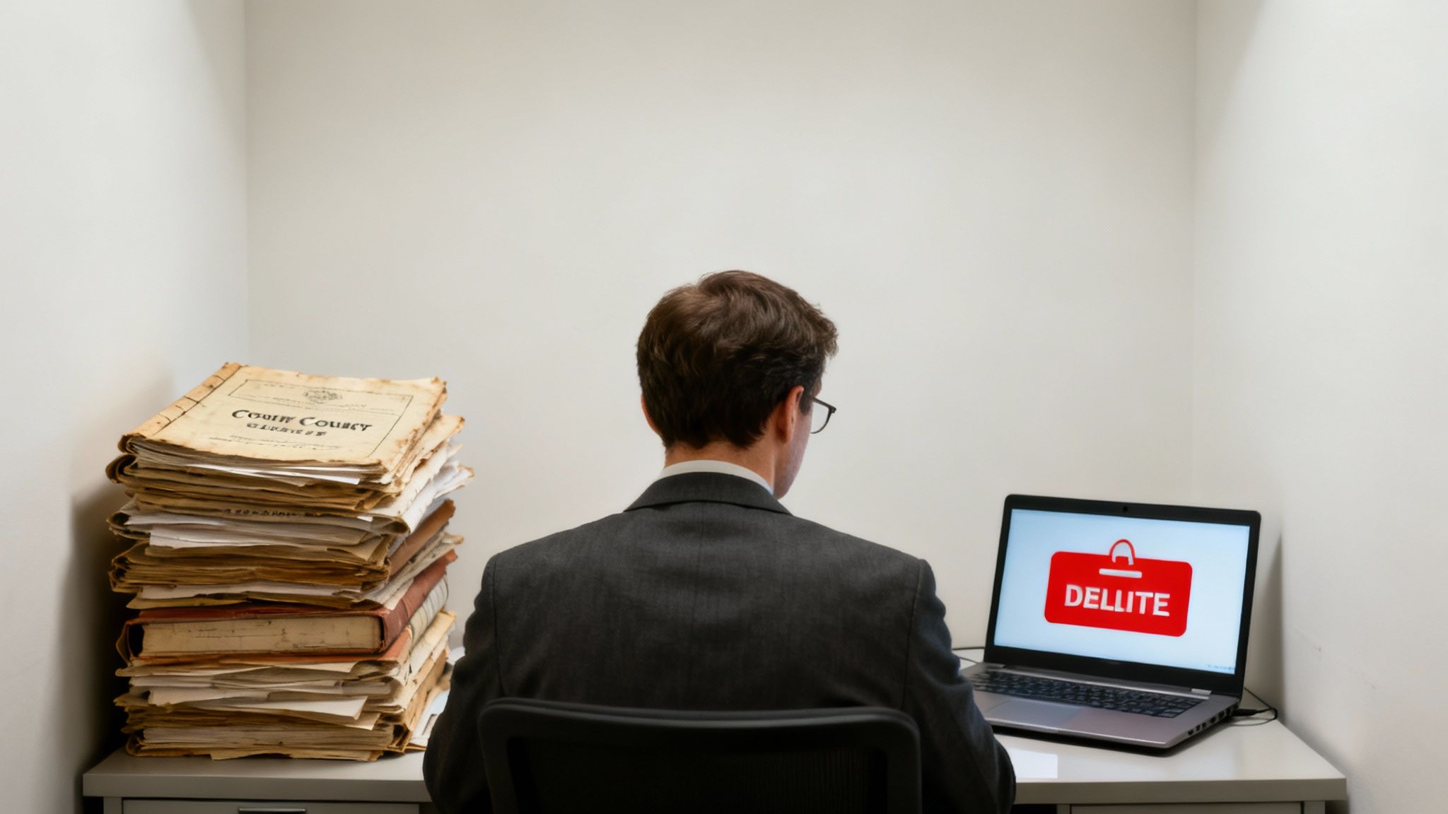 A stressed person working on a laptop surrounded by by stacks of paper.