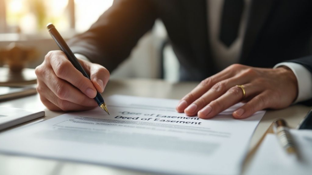 A magnifying glass hovering over a property map, highlighting a line representing an easement and showing potential issues.