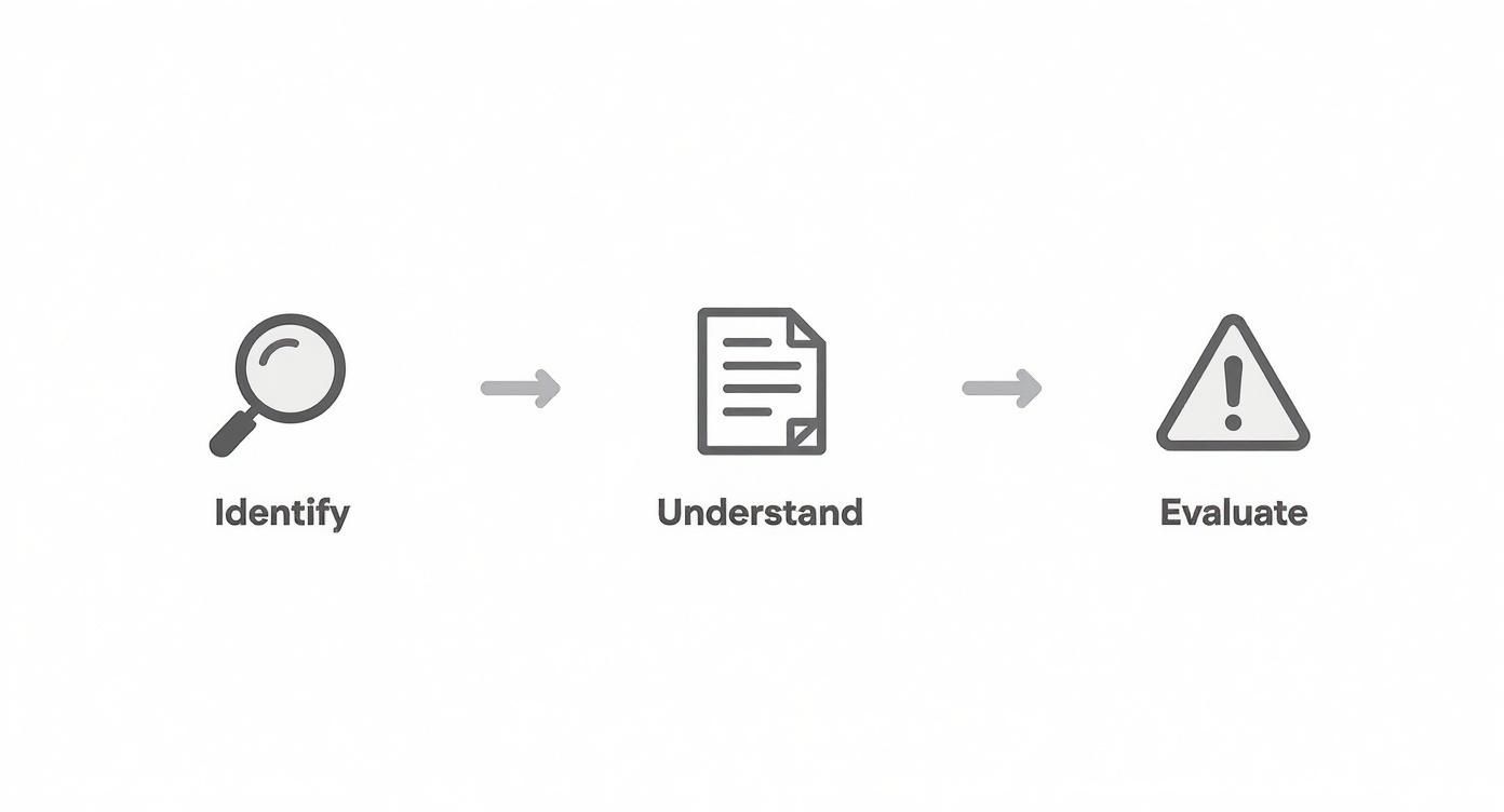 Infographic showing a three-step process for handling easements: Identify with a magnifying glass, Understand with a document icon, and Evaluate with a warning sign icon.