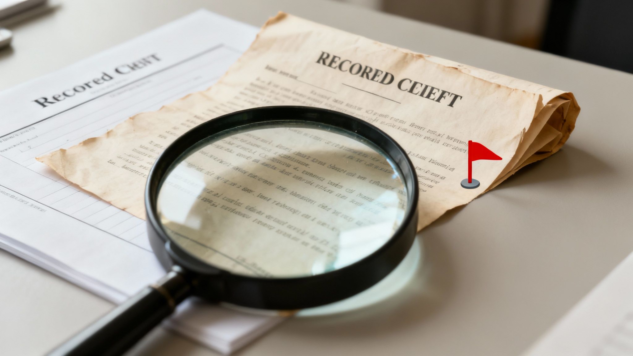 A magnifying glass hovering over a complex property deed document, highlighting a hidden clause.