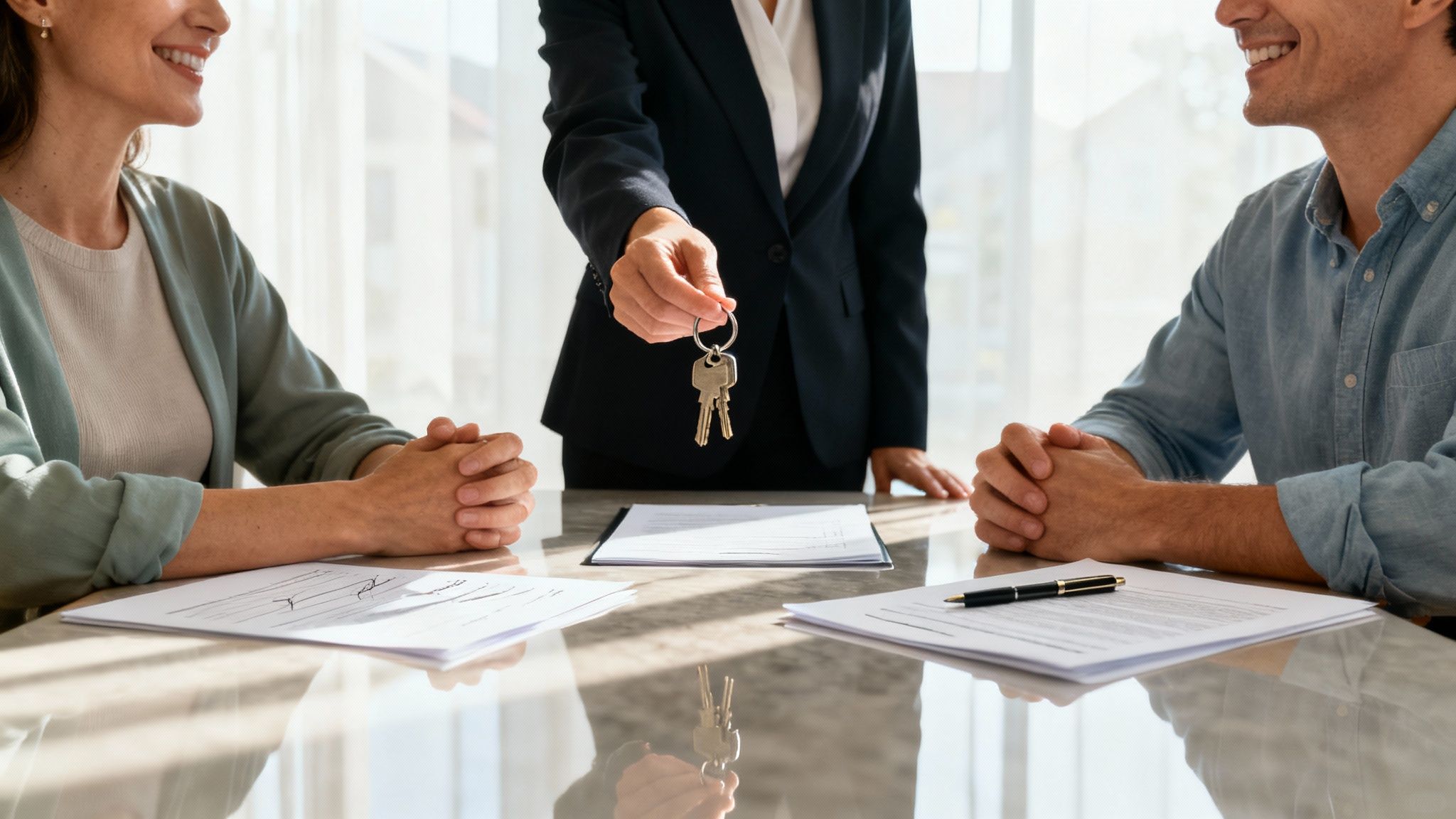 A professional guiding a client through signing closing documents in a bright, modern office.