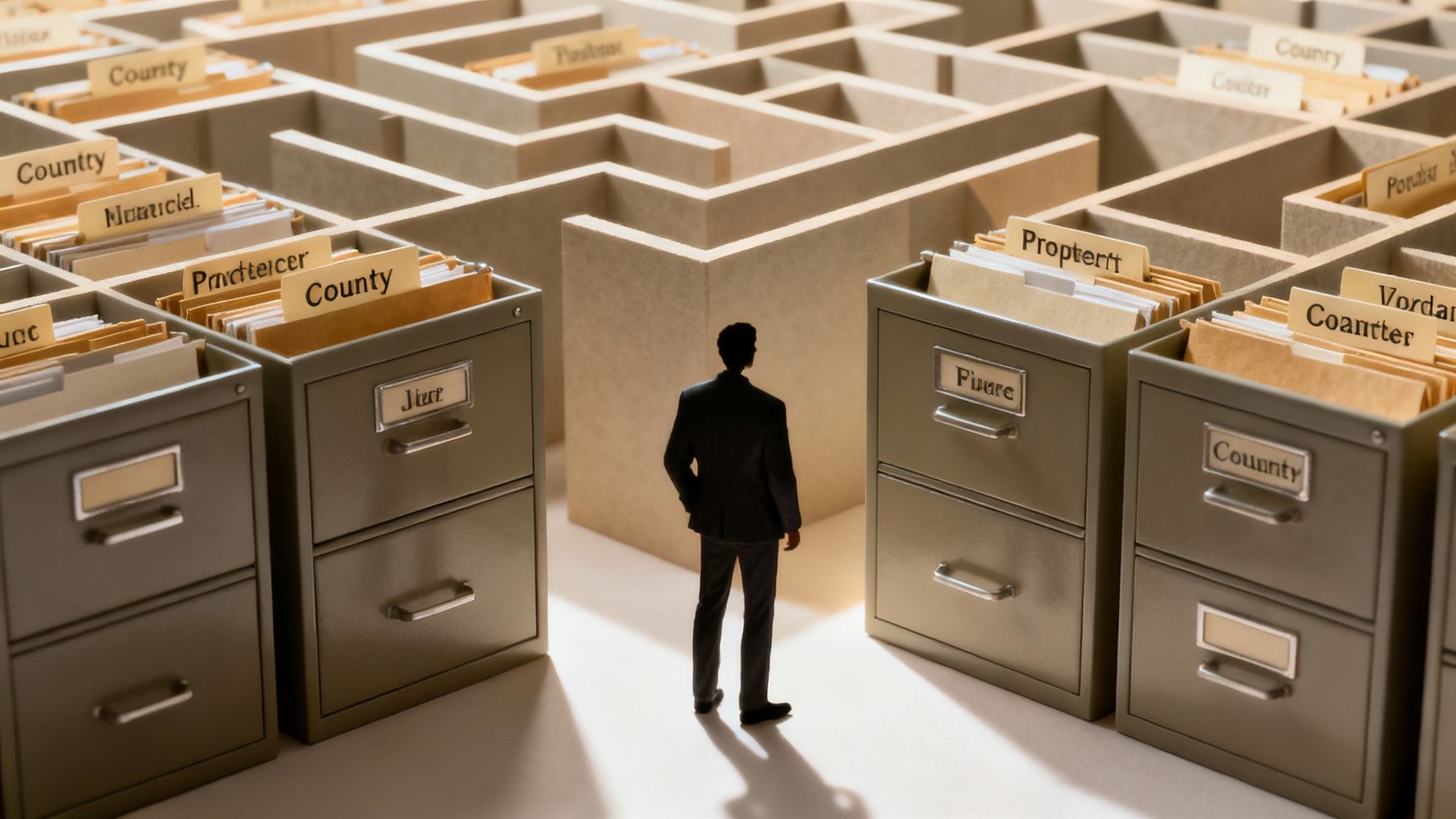 A person looking at a complex map of land parcels, representing the challenge of finding property owners.