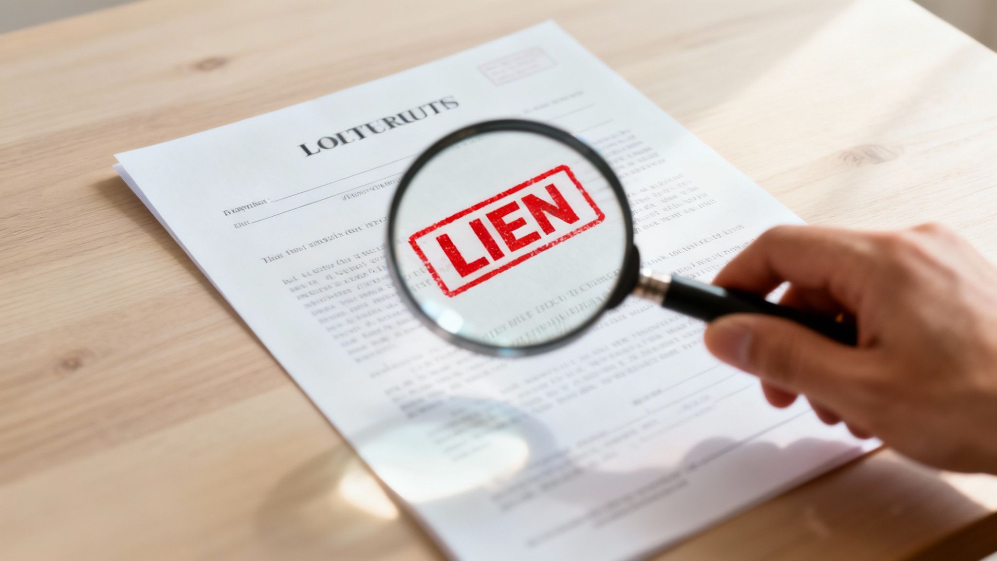 A person examining property documents with a magnifying glass.
