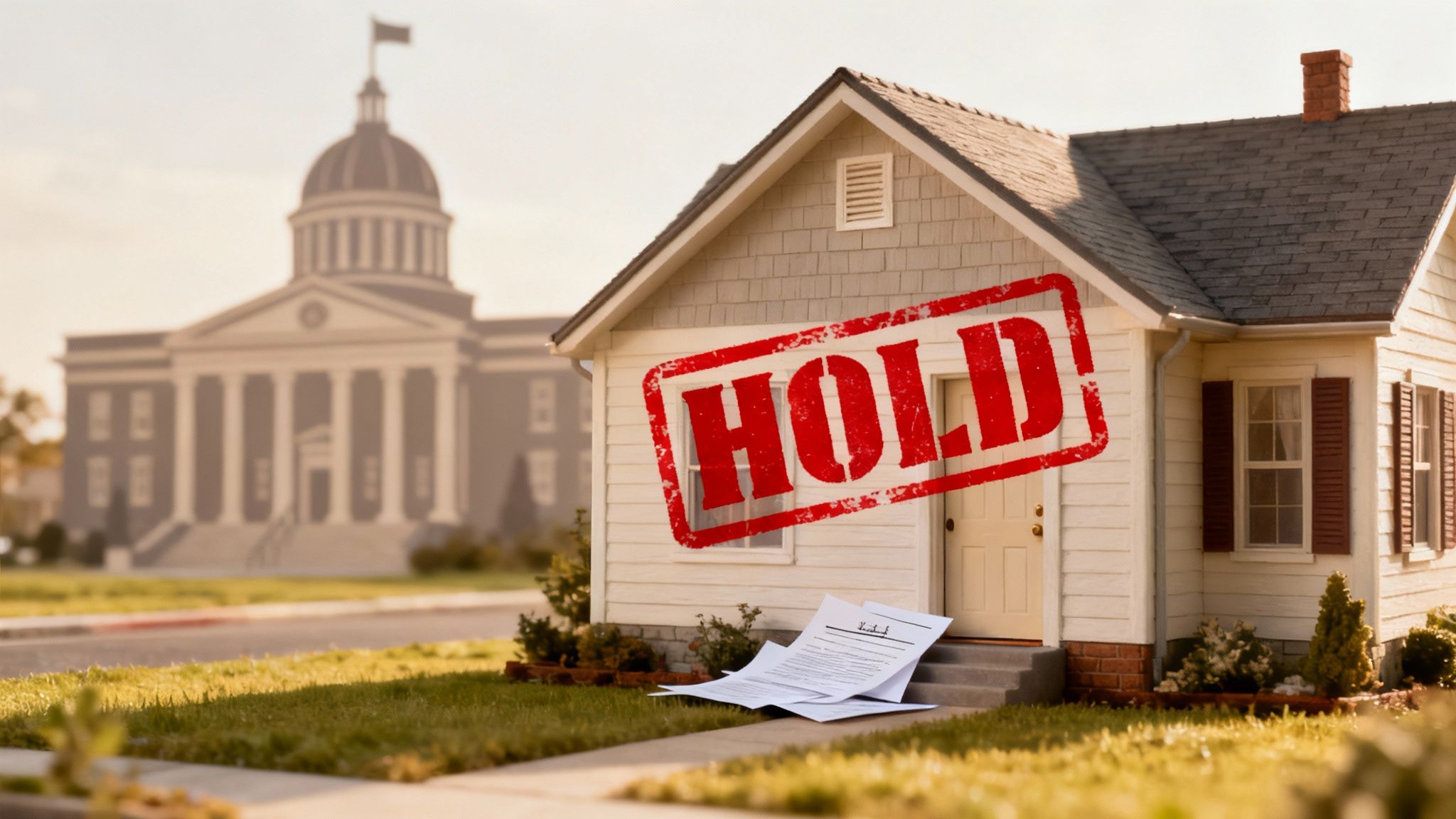 House with a large magnifying glass over it, representing a title search or legal inspection.