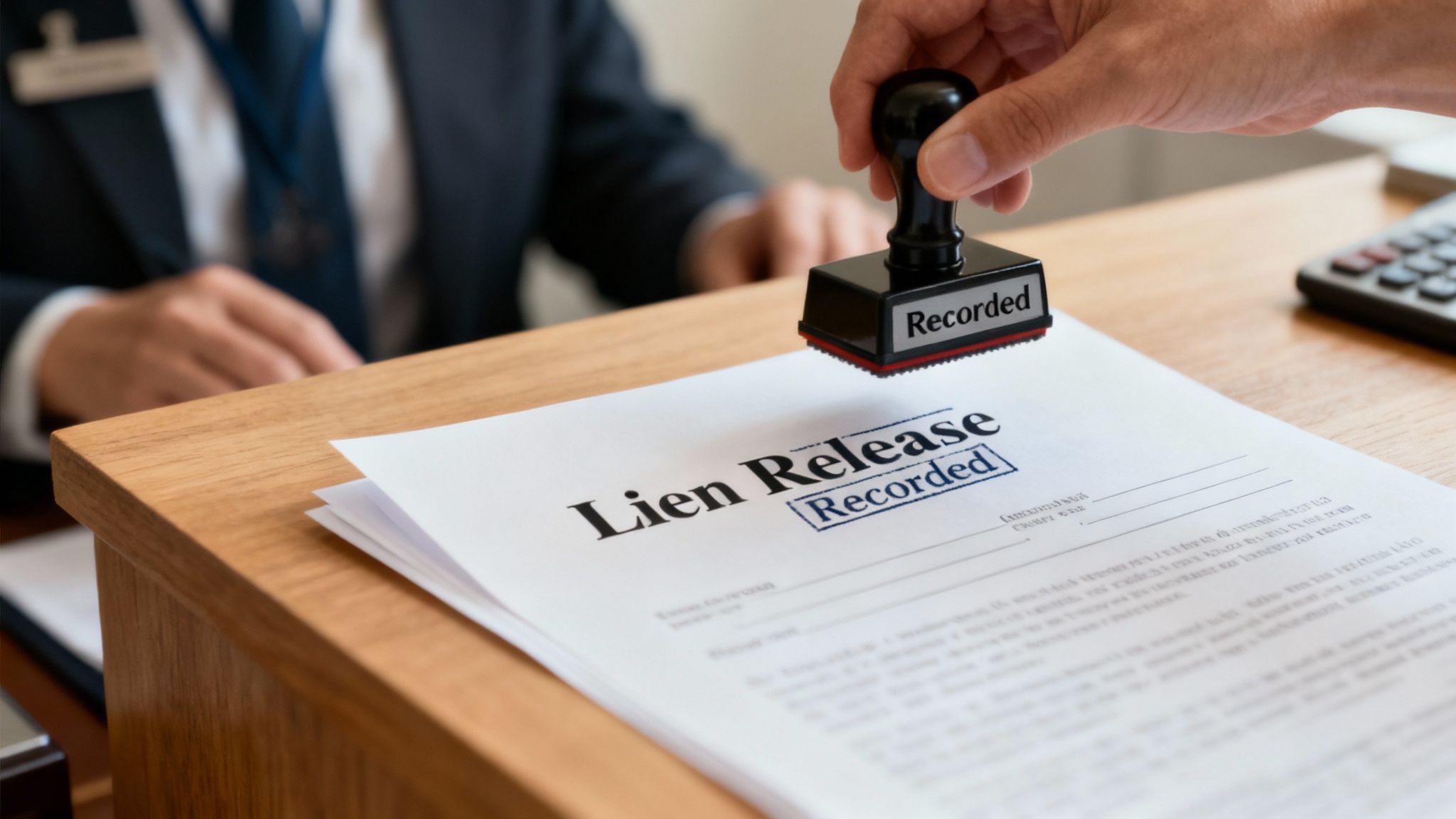 A person signing a legal document with a pen, representing the final paperwork to remove a lien.