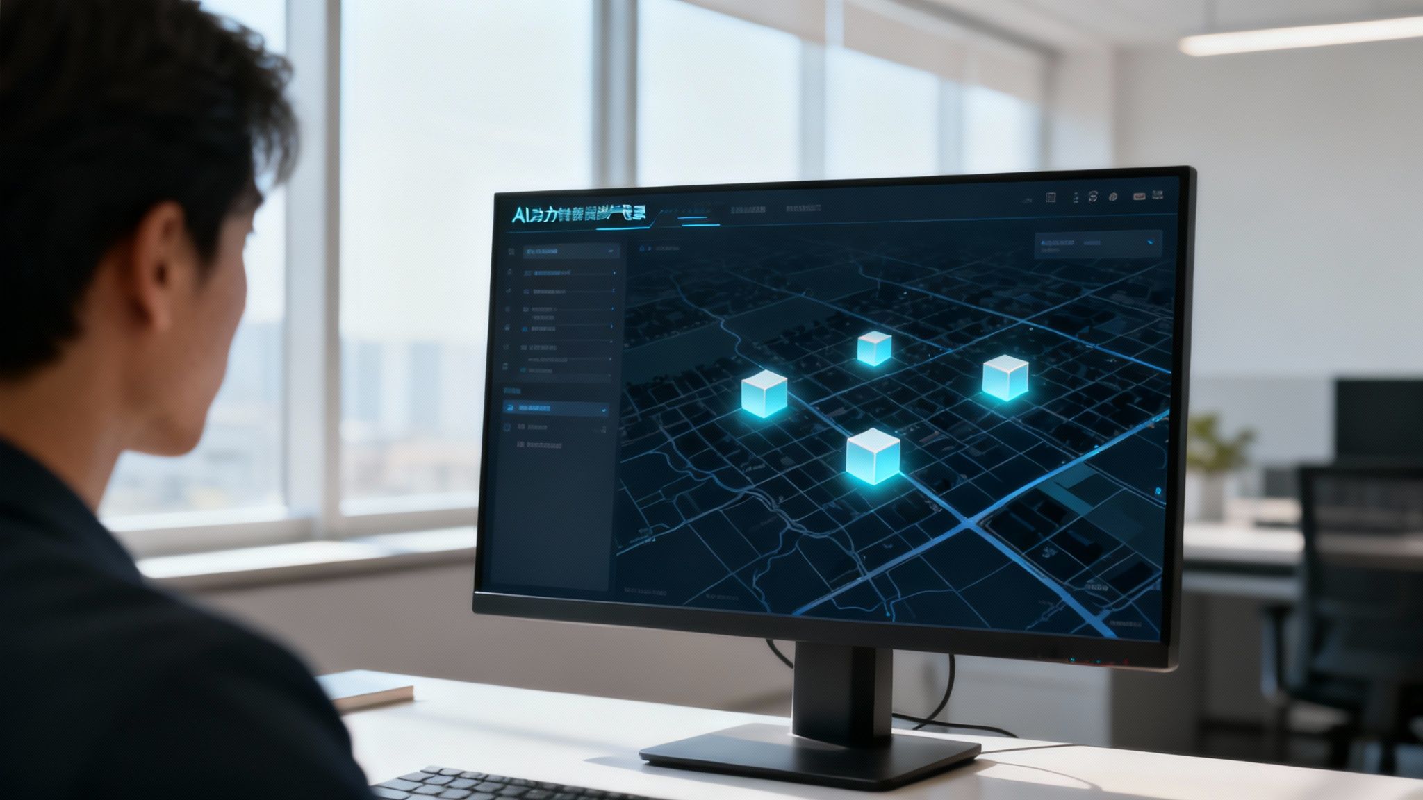A person at a desk reviewing property lien documents with a transparent overlay of AI data points and analytics.