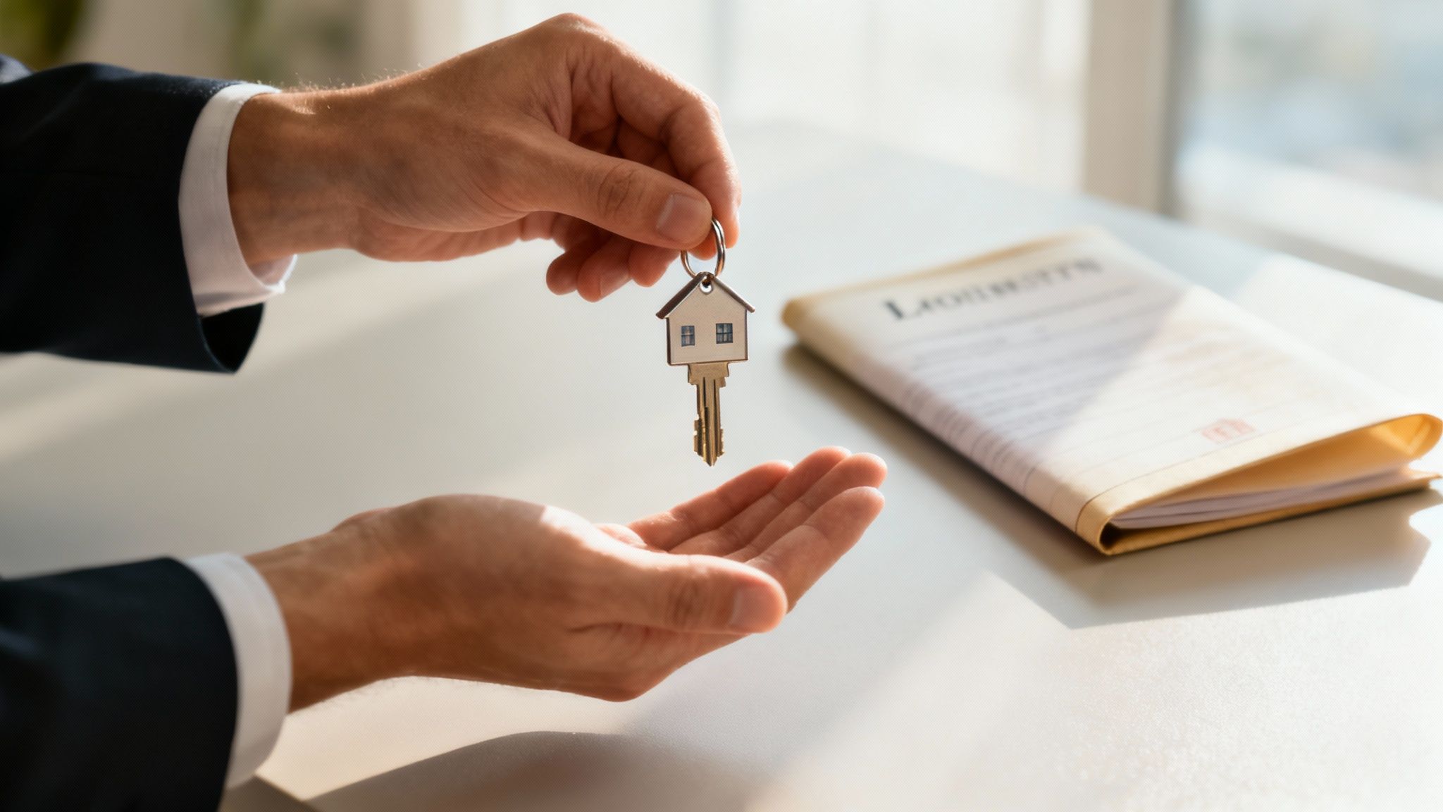A magnifying glass hovering over a house icon, signifying the protective and investigative nature of a title search.