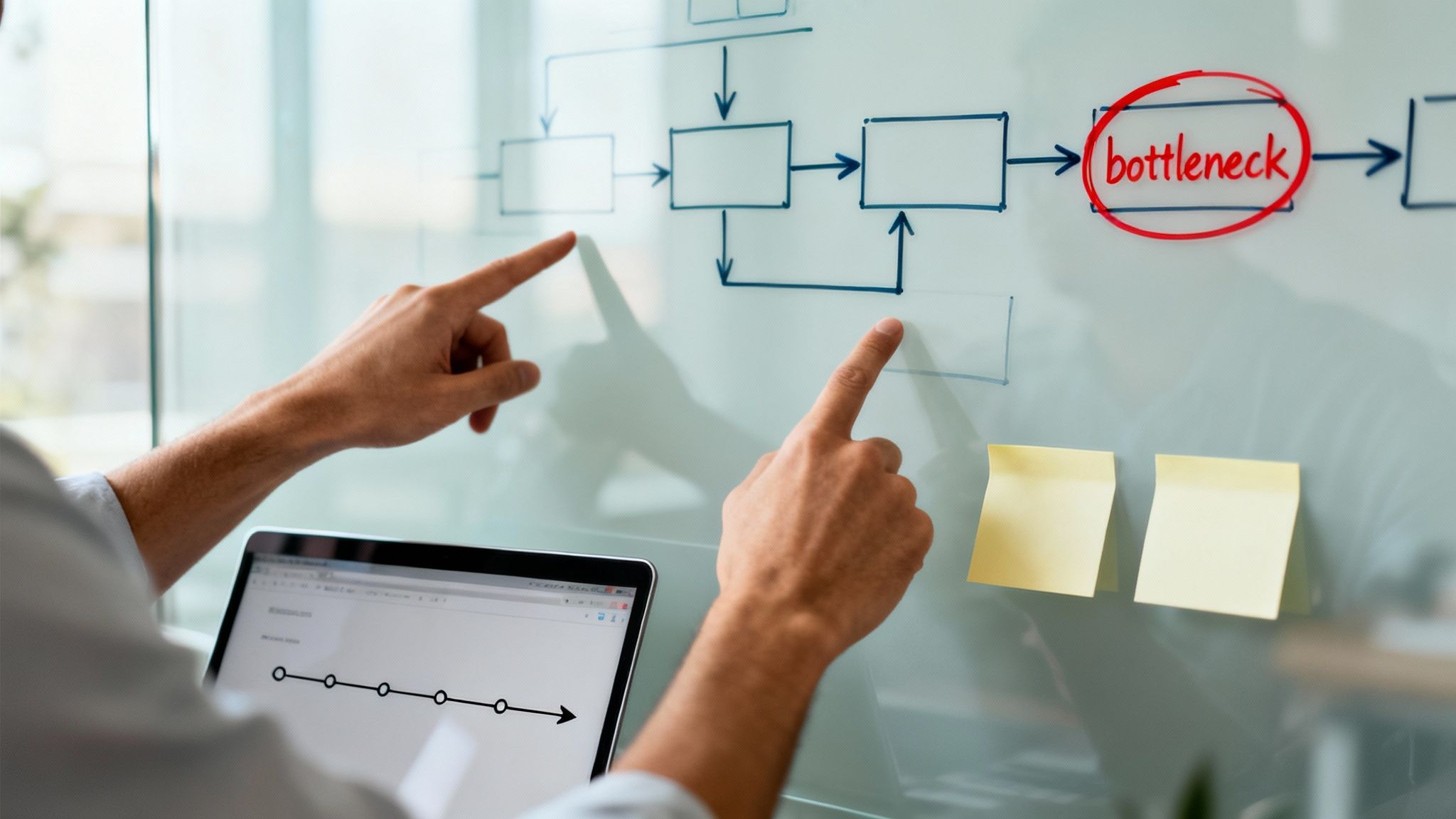 A group of people collaborating on a process map on a whiteboard, identifying bottlenecks in a workflow.