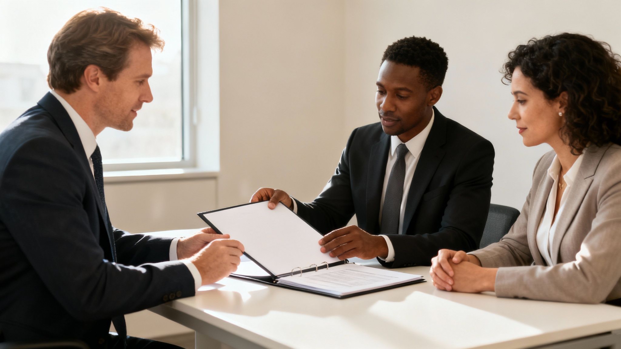 A diverse team of professionals collaborating in a modern office.