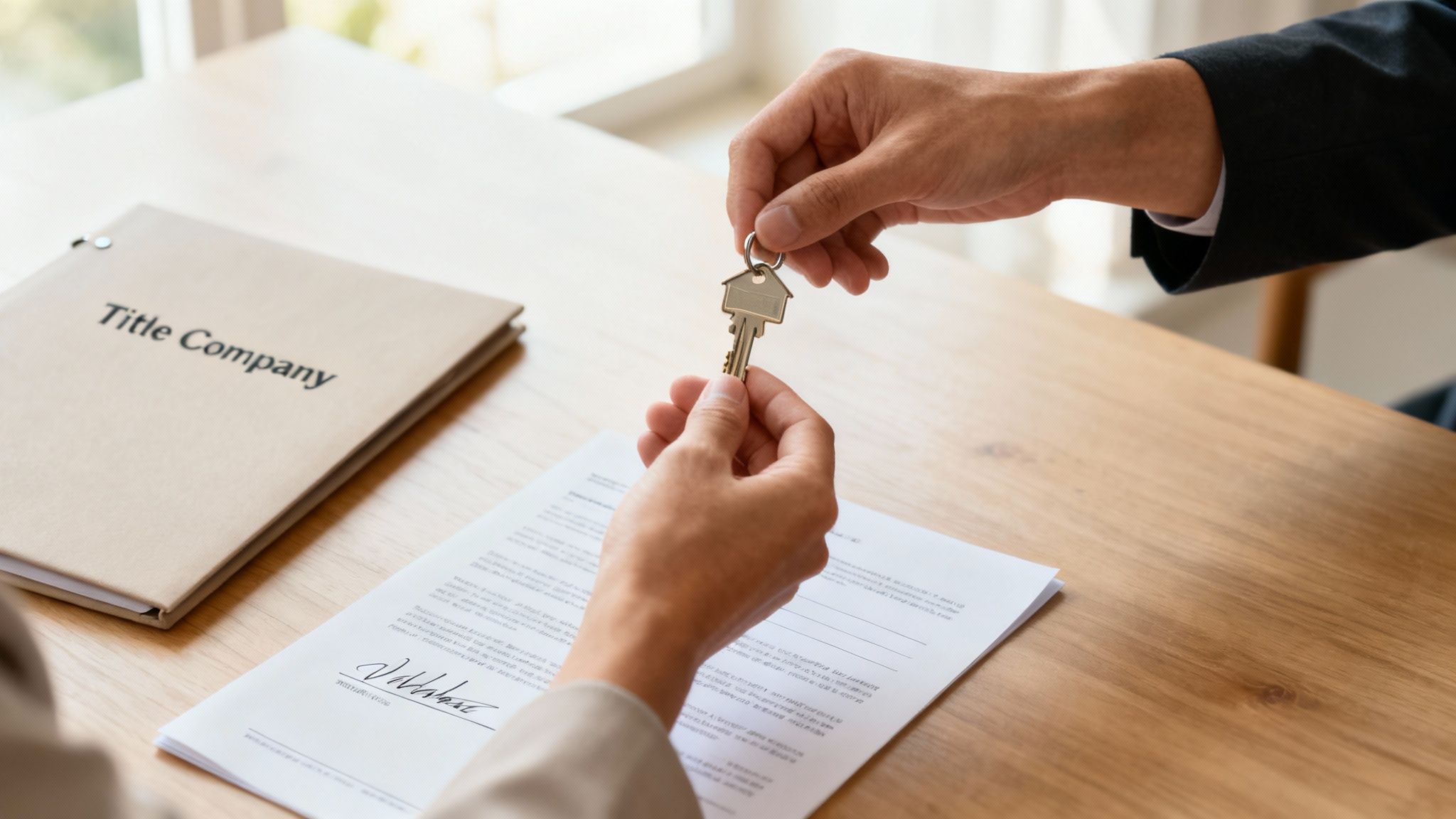 A group of professionals collaborating over documents in a modern office setting, representing a title company's team at work.