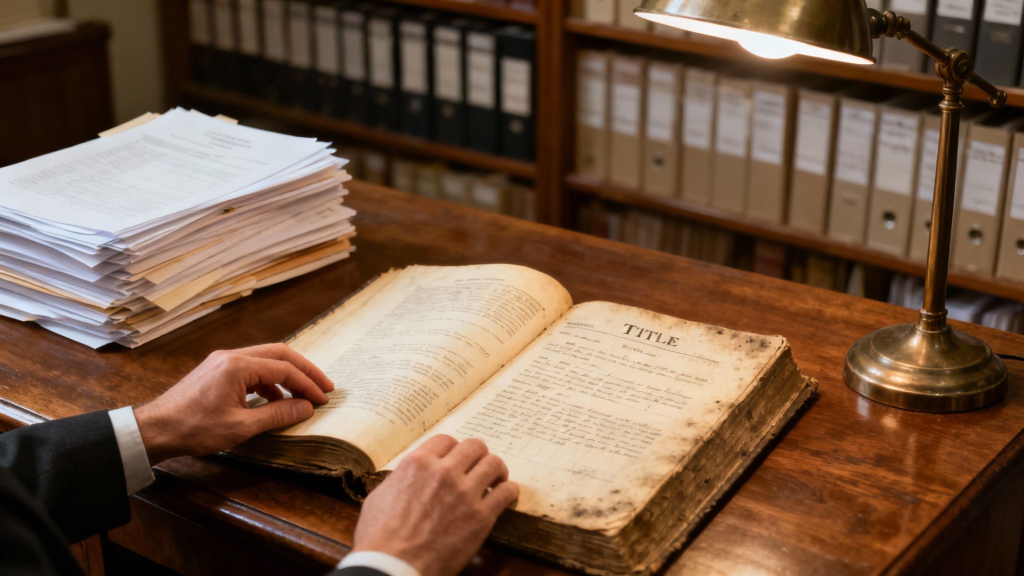 An examiner sifting through dusty, old record books in a county office.