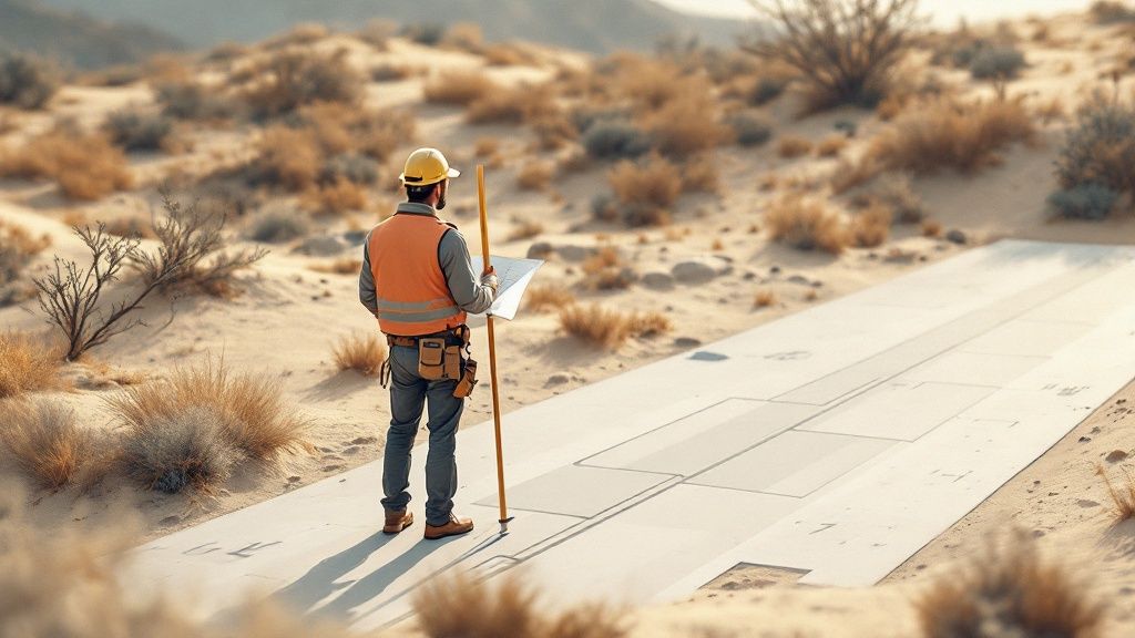 A surveyor using equipment on a tripod to measure a property, representing the process of a boundary survey.