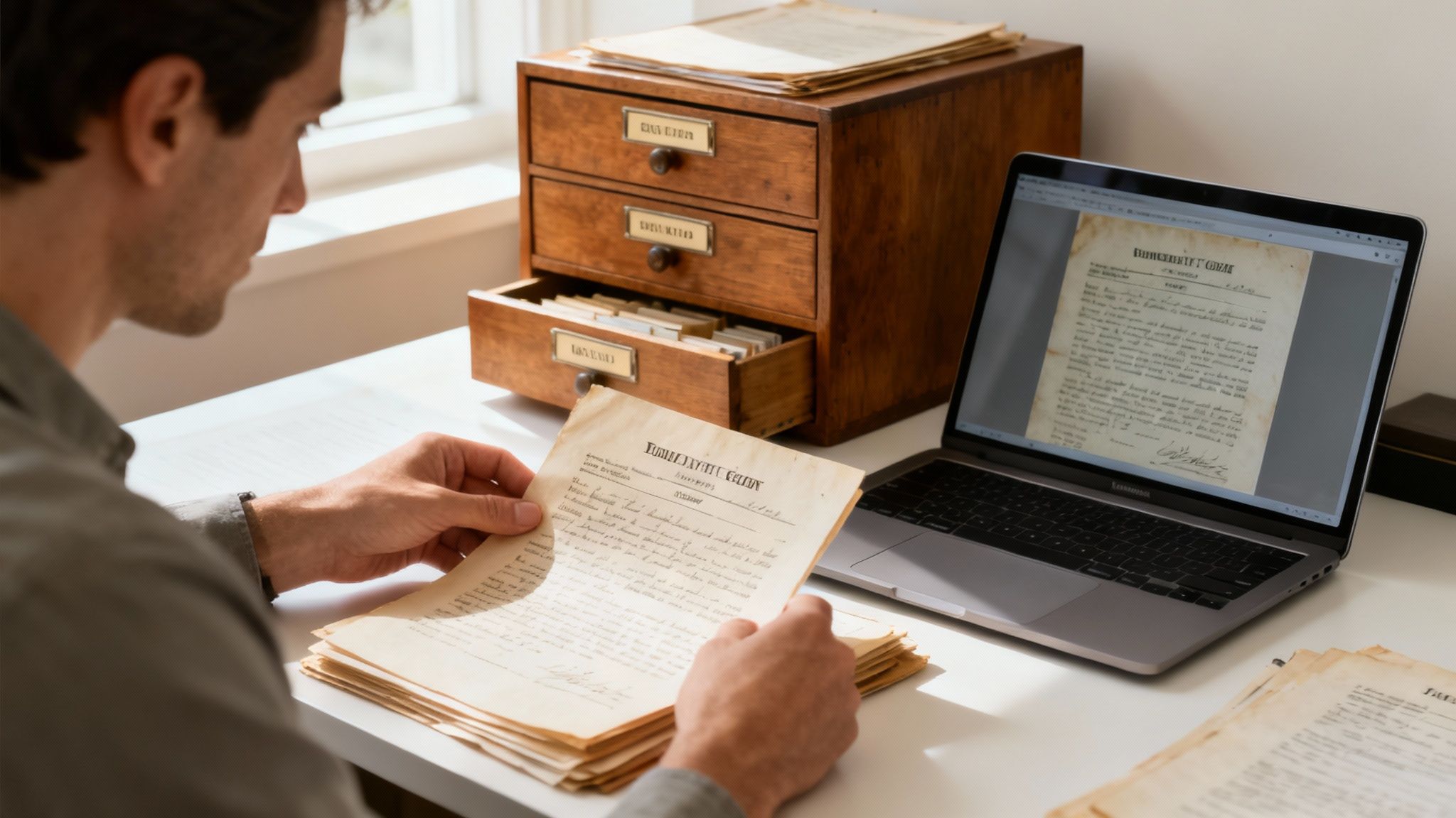 A person at a public records office, surrounded by stacks of old books and files, representing the manual process of searching land titles.
