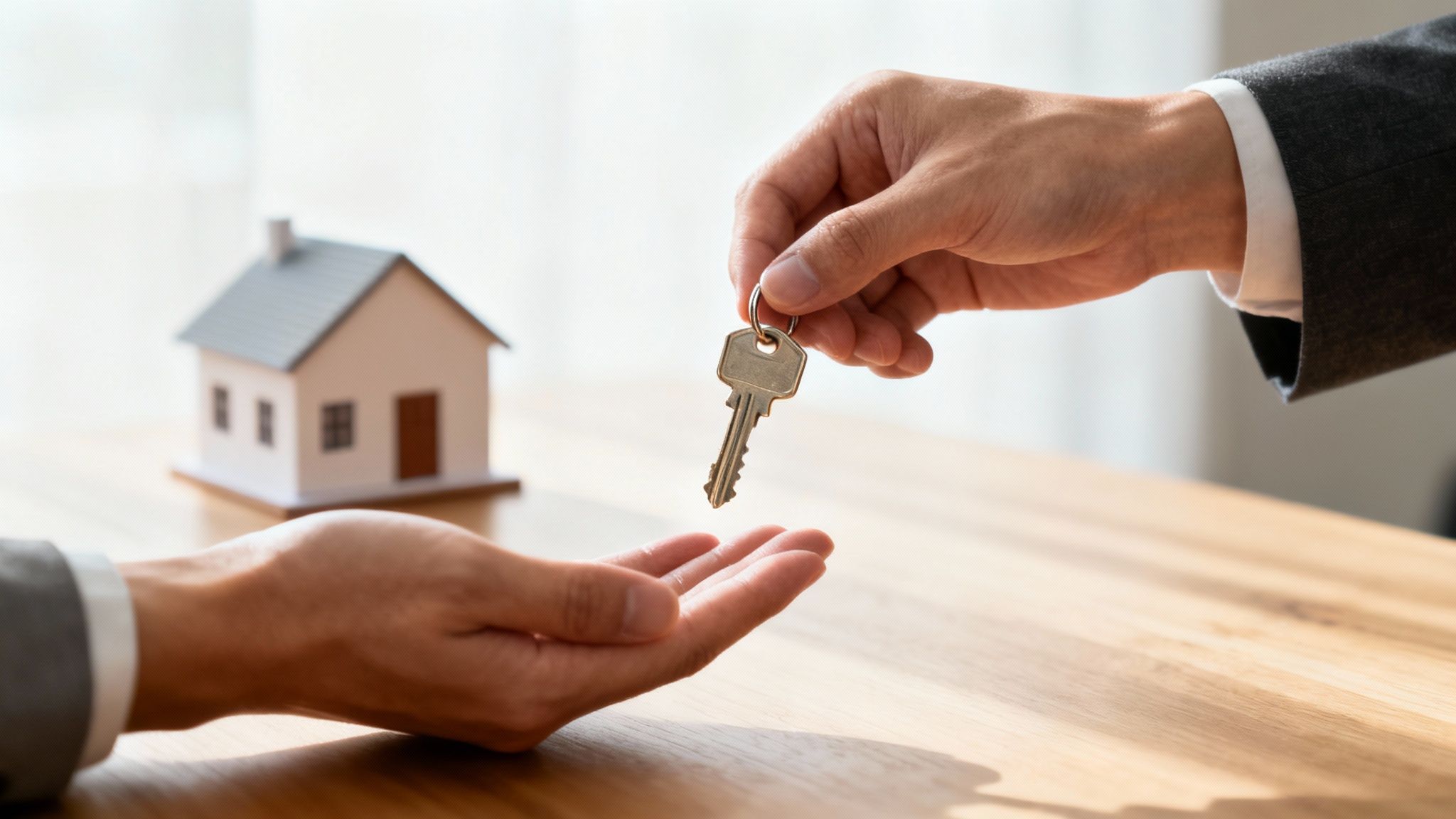 A person signing a document with a house key and model in the background, symbolizing the final step of homeownership.
