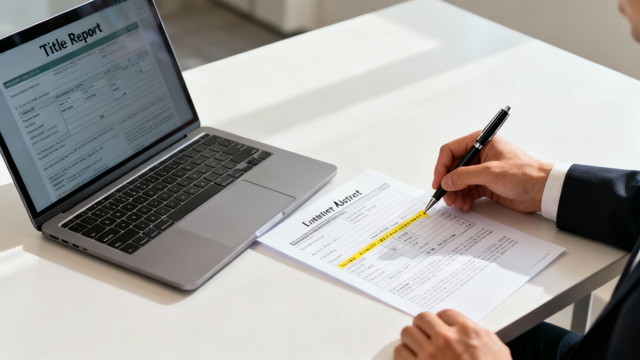 A person at a desk using a computer and documents to research property information