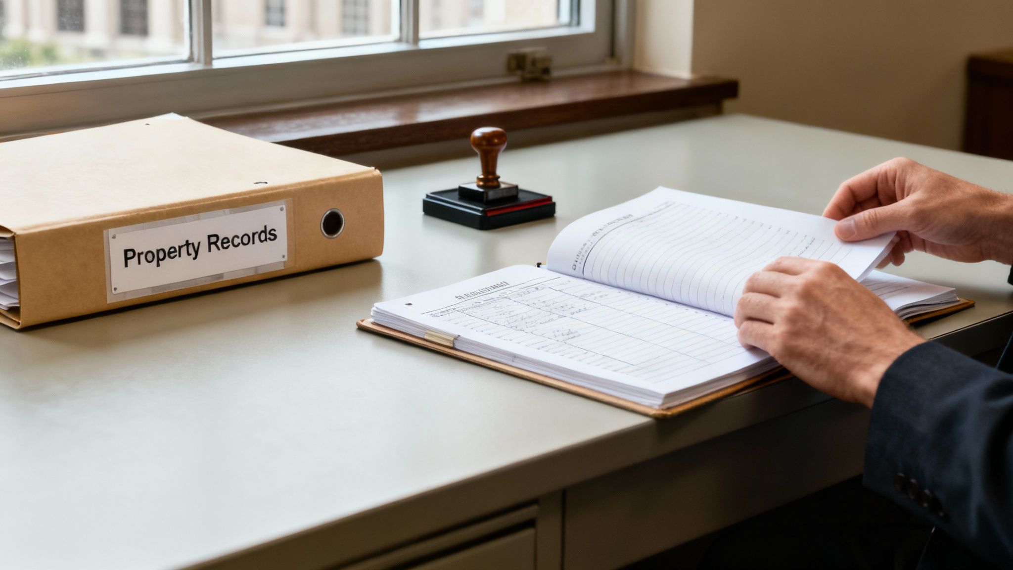 A classic library-style room with shelves full of old record books.