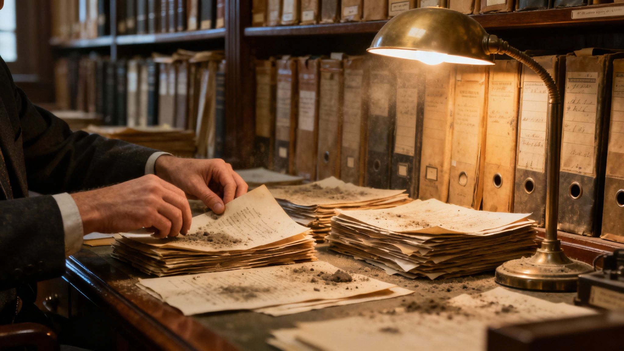 A professional abstractor looking overwhelmed by stacks of old, dusty record books in a courthouse archive, highlighting the manual nature of the job.
