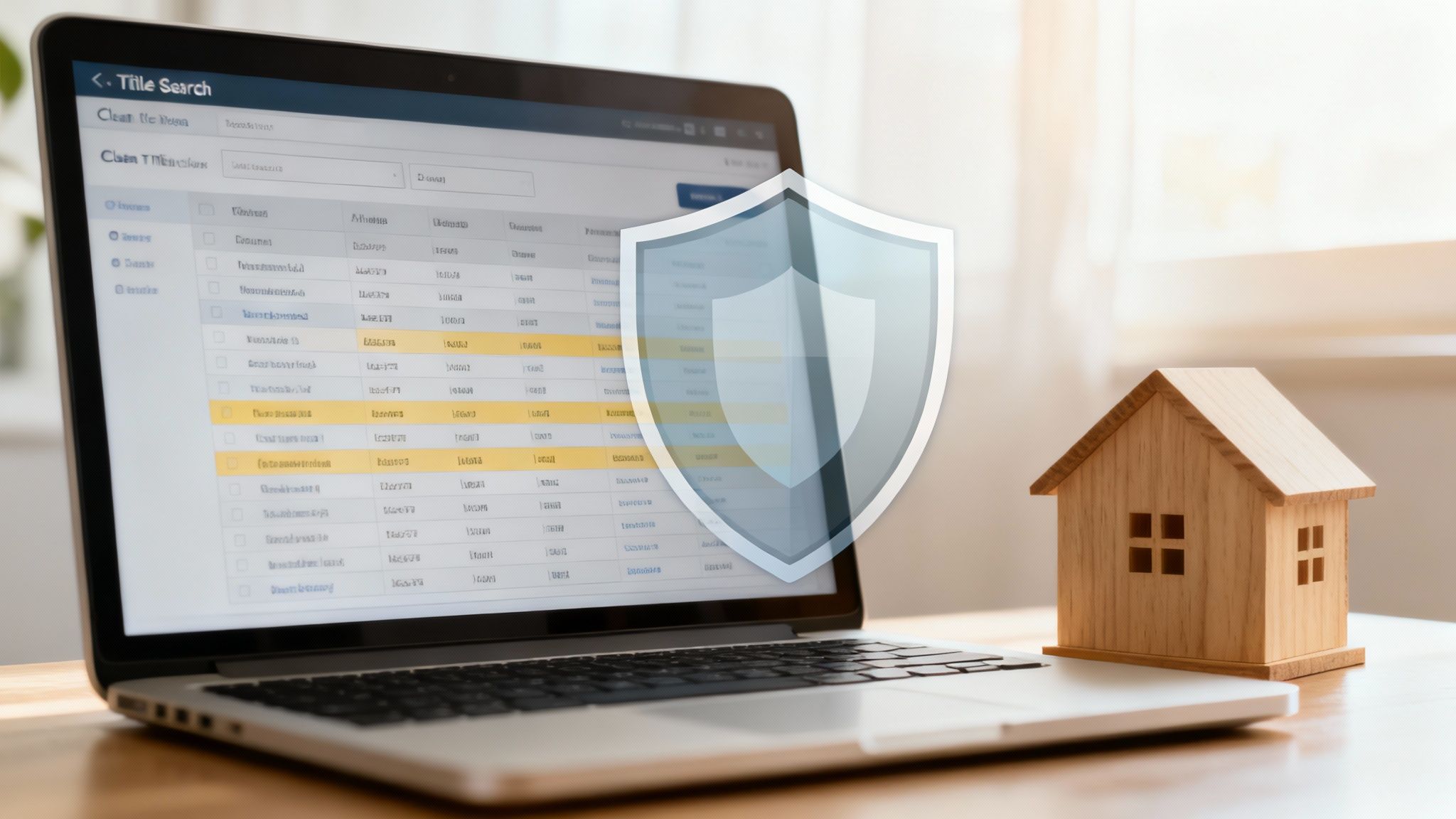 A professional examining property documents on a digital tablet, with data overlays.