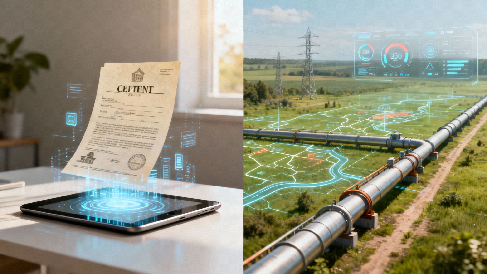 An aerial view showing diverse industries like real estate, energy, and finance, all interconnected by digital lines representing automated workflows.