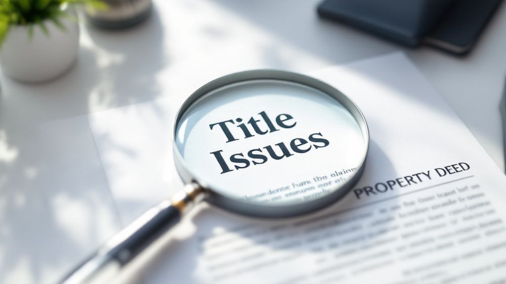 A magnifying glass hovering over property documents, symbolizing the search for title defects.