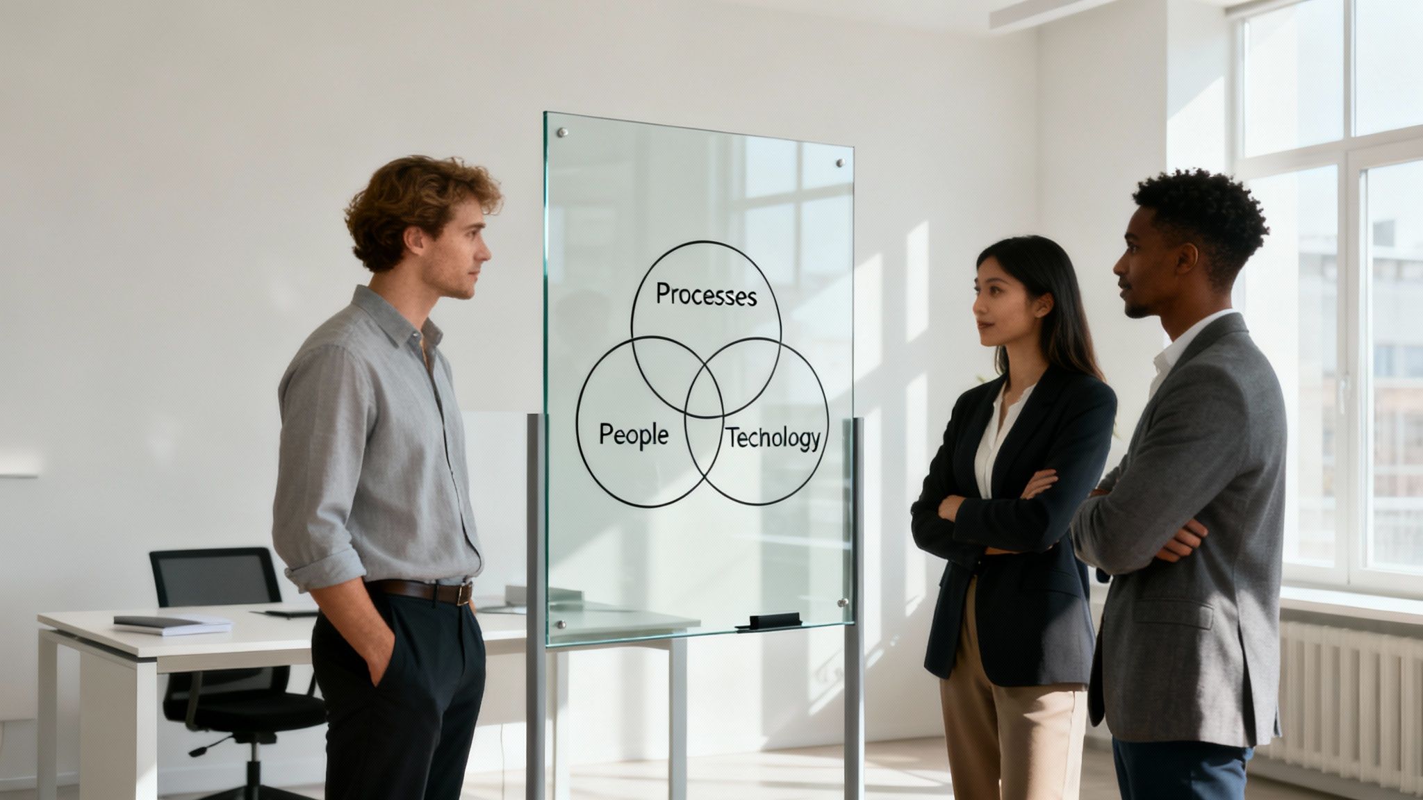 A team of professionals collaborating around a table with laptops and documents, representing modern operational efficiency.