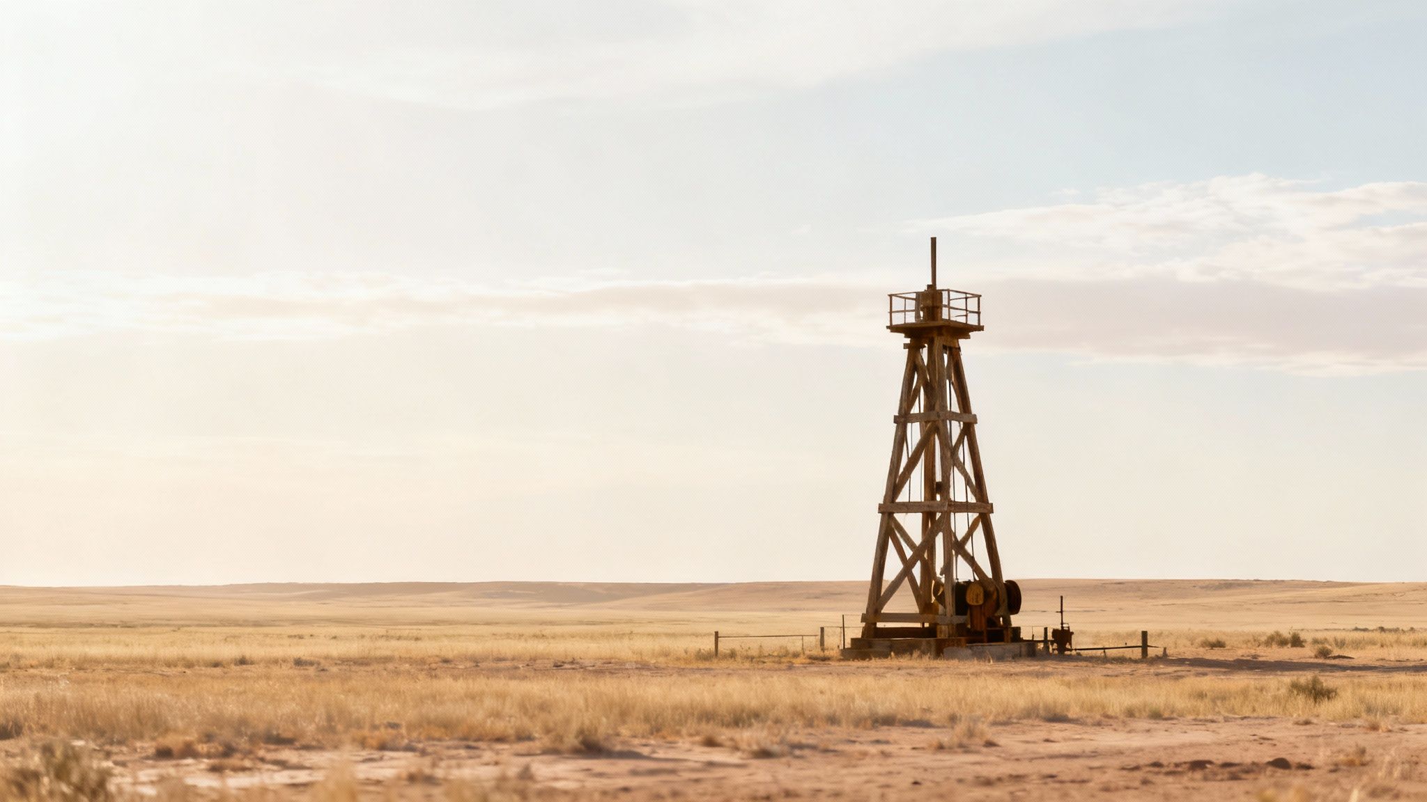 Vintage black and white photo of an early 20th-century oil field with numerous wooden derricks packed closely together.