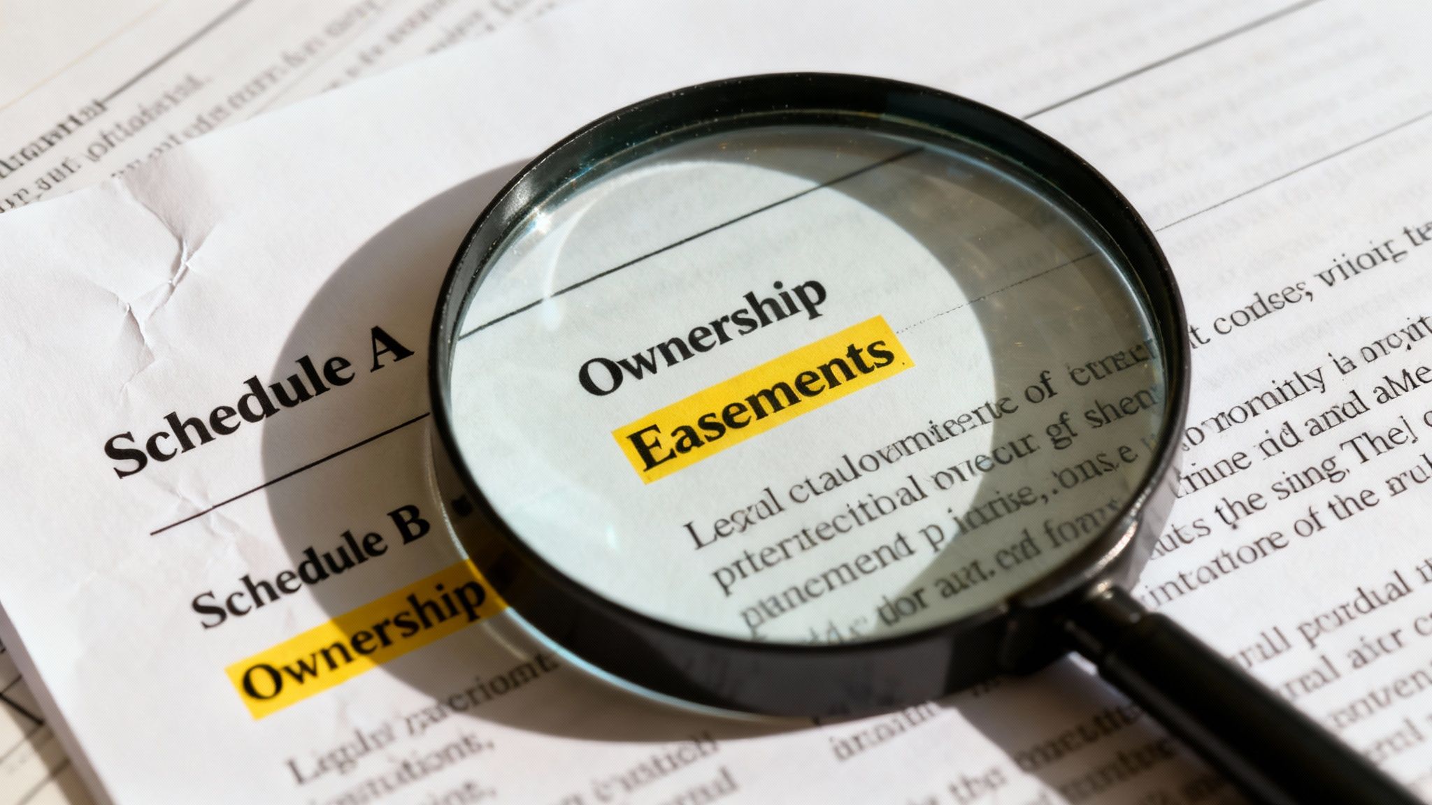 A person examining a title report with a magnifying glass, focusing on key sections.