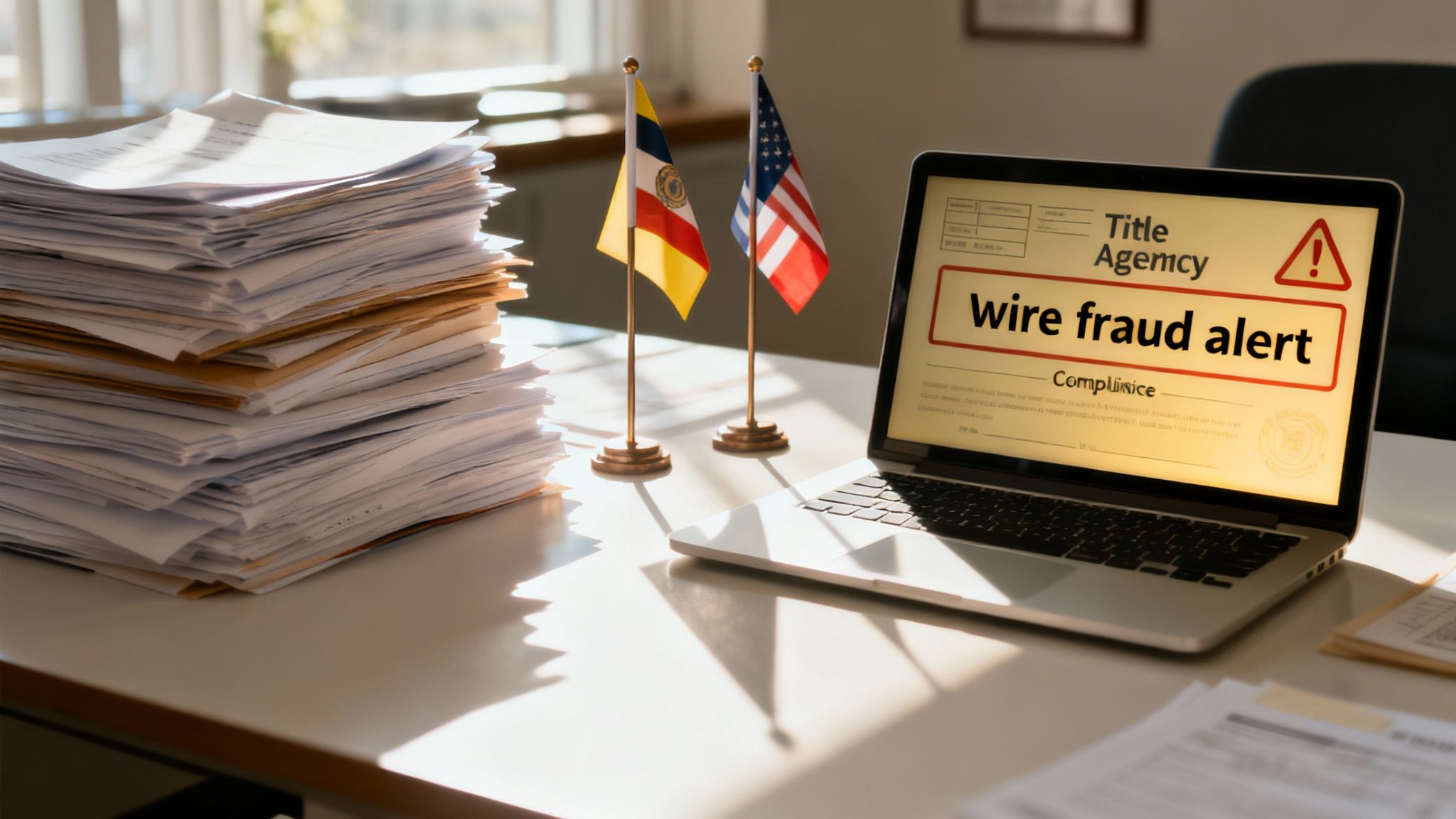 A title professional looking stressed while surrounded by stacks of paperwork and a computer screen showing complex regulations.