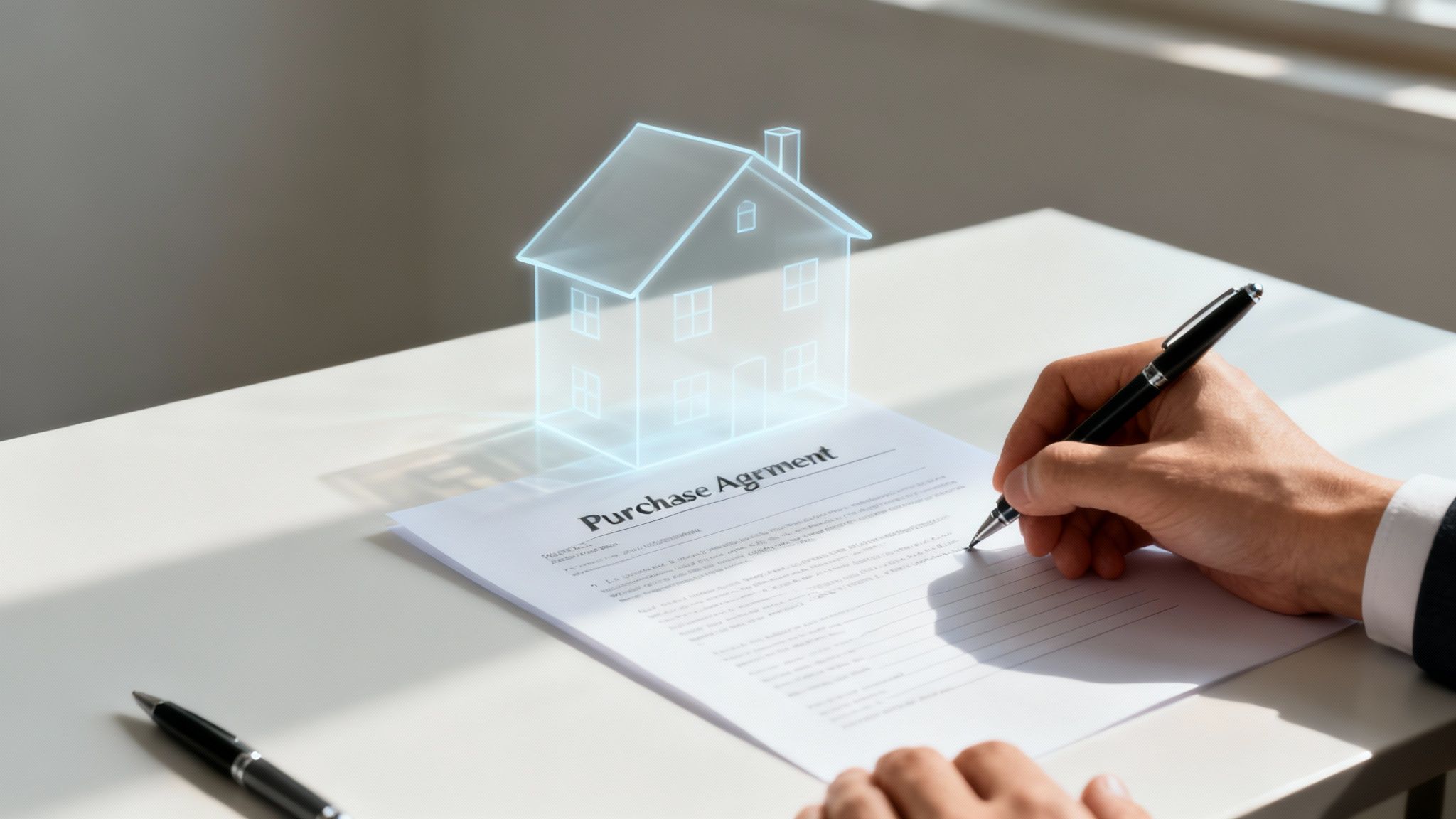 A signed real estate contract being exchanged between a buyer and a seller