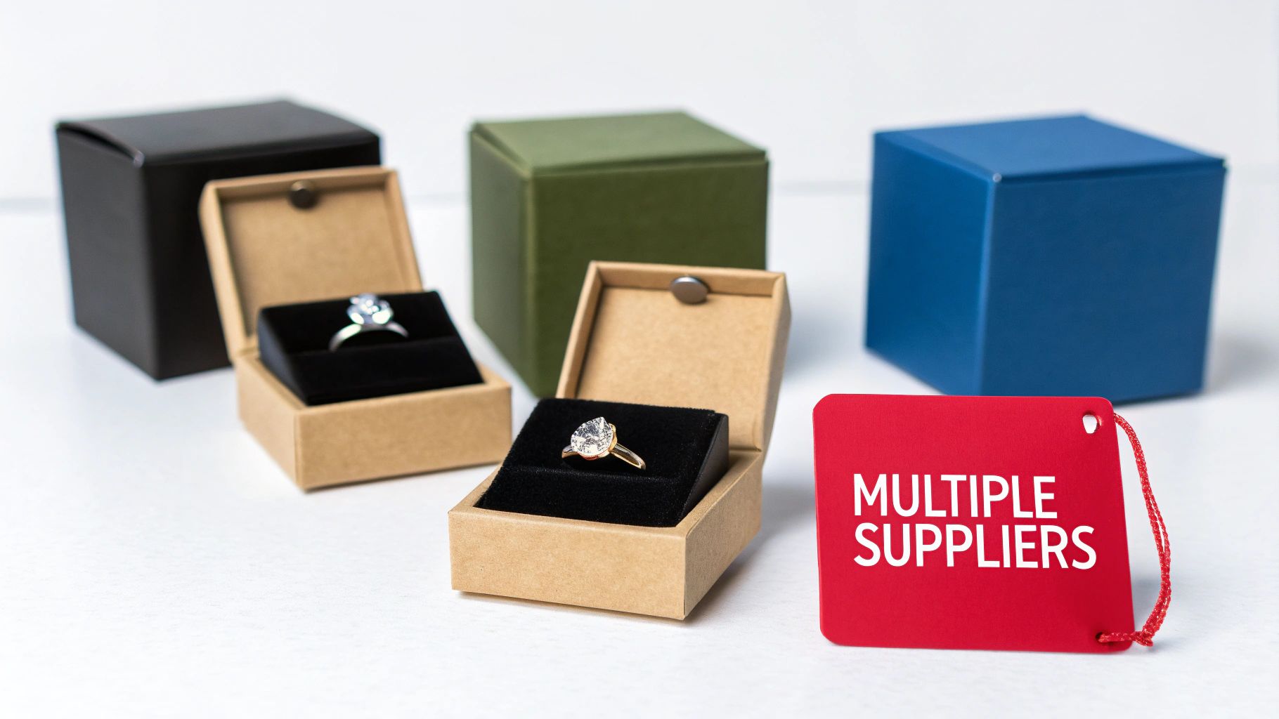 Various jewelry boxes with rings, and a red tag saying 'MULTIPLE SUPPLIERS'.