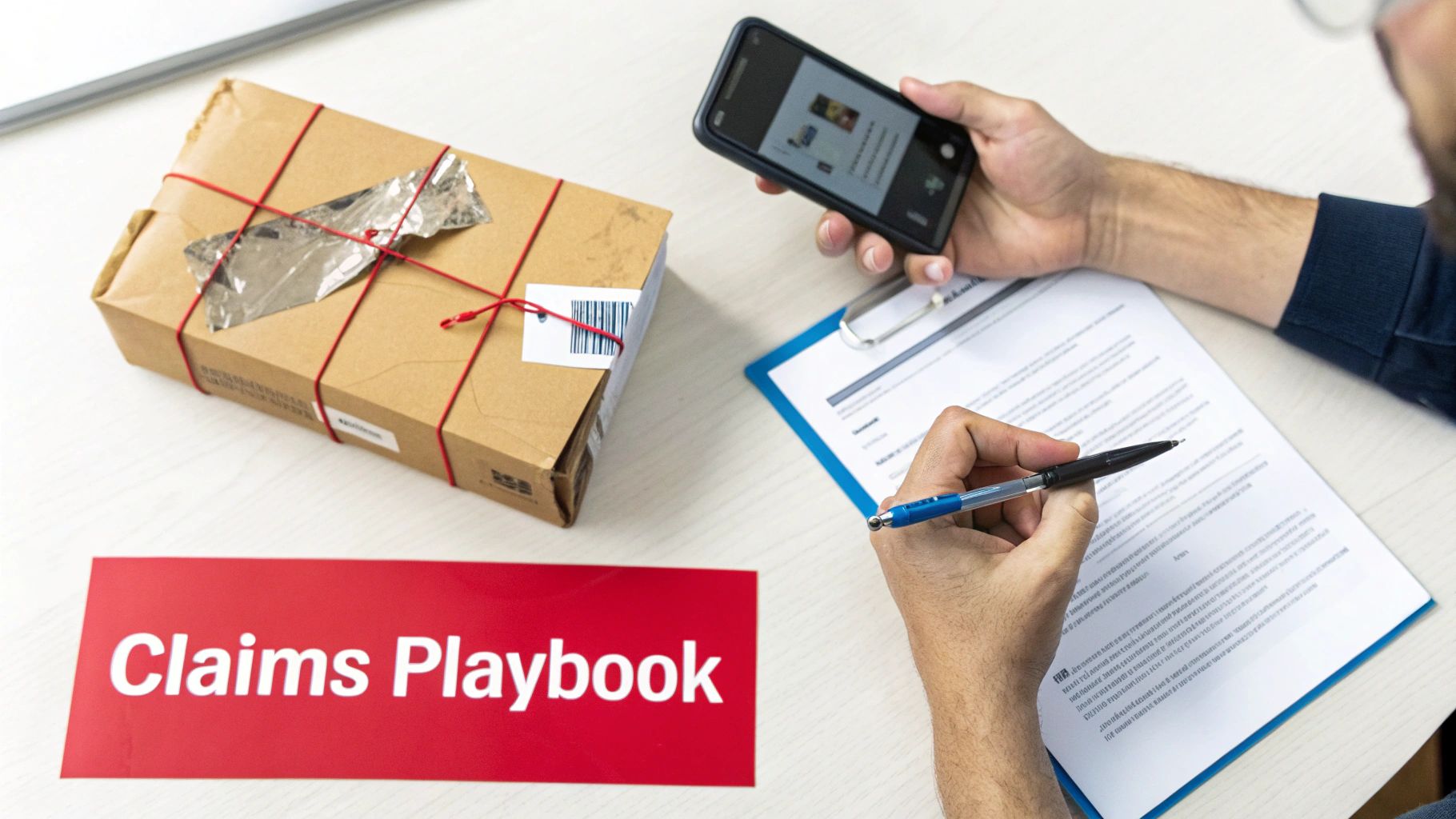 Person processing an insurance claim, reviewing documents and a package, referencing a claims playbook.