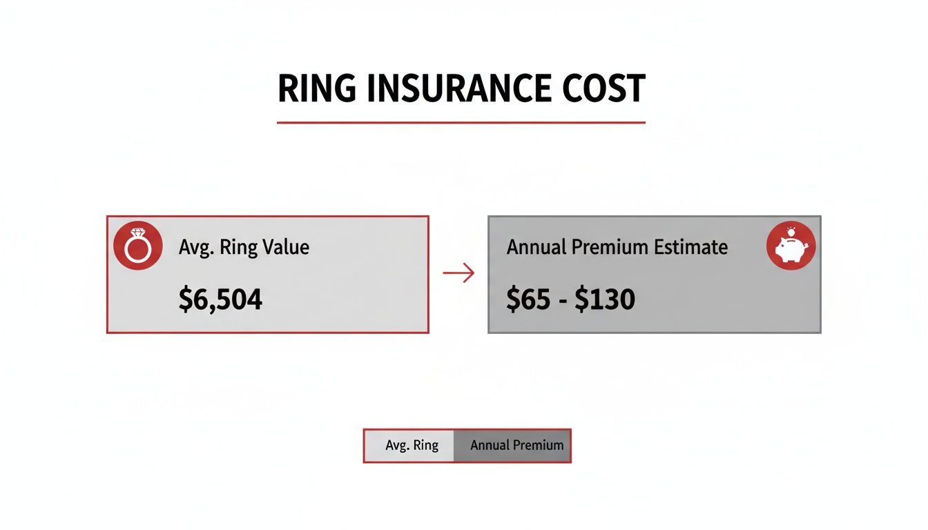 Infographic detailing average engagement ring value of $6,504 and its estimated annual insurance premium cost of $65-$130.