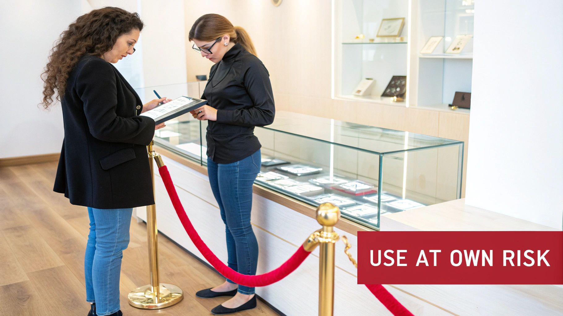 Two women at a jewelry store, one signing a document on a clipboard, with display cases and a velvet rope.