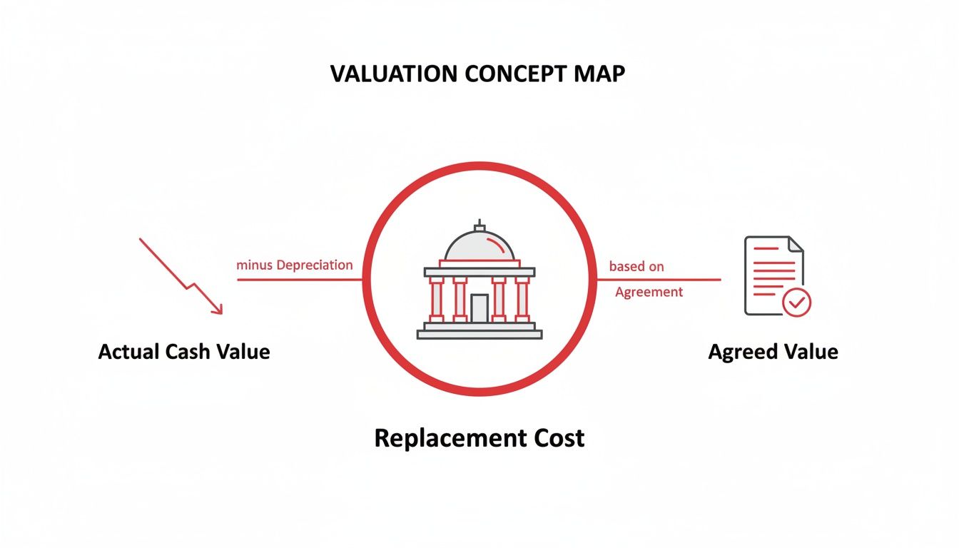 Valuation concept map illustrating replacement cost, actual cash value, and agreed value, and their relationships.
