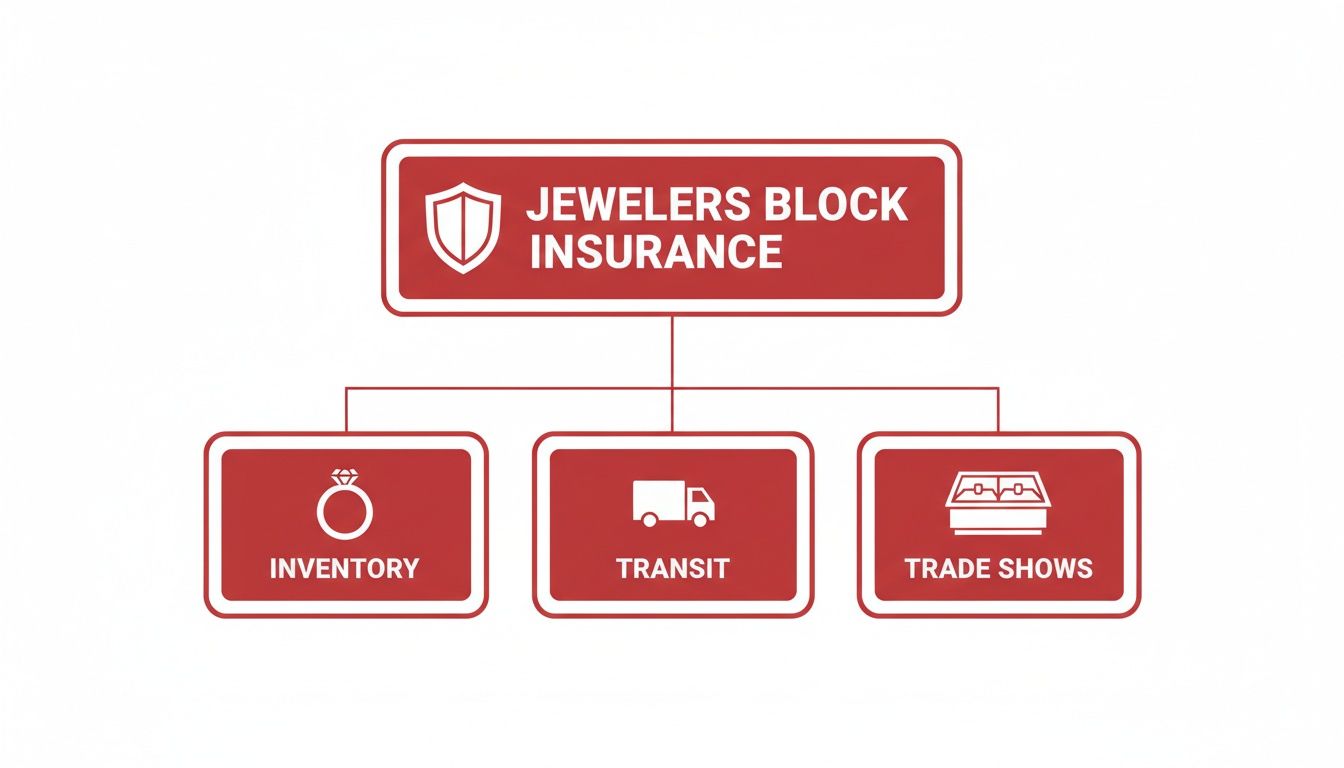 A flowchart illustrates Jewelers Block Insurance protection for jewelry inventory, transit, and trade shows.