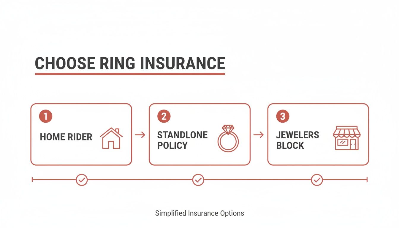 A diagram illustrating three options for choosing ring insurance: home rider, standalone policy, and jewelers block.