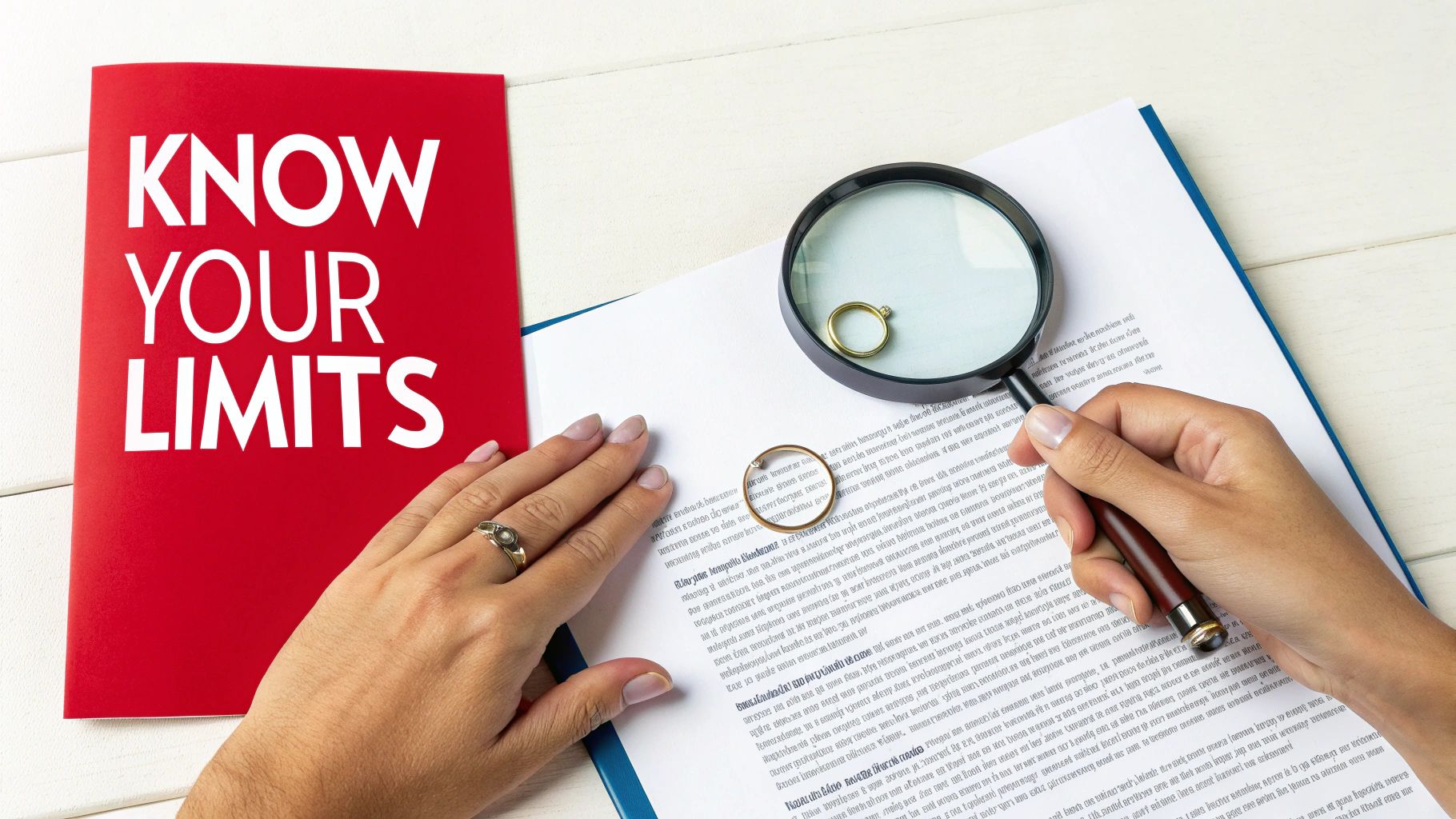 A person reviews documents and wedding rings with a magnifying glass, next to a 'Know Your Limits' booklet.