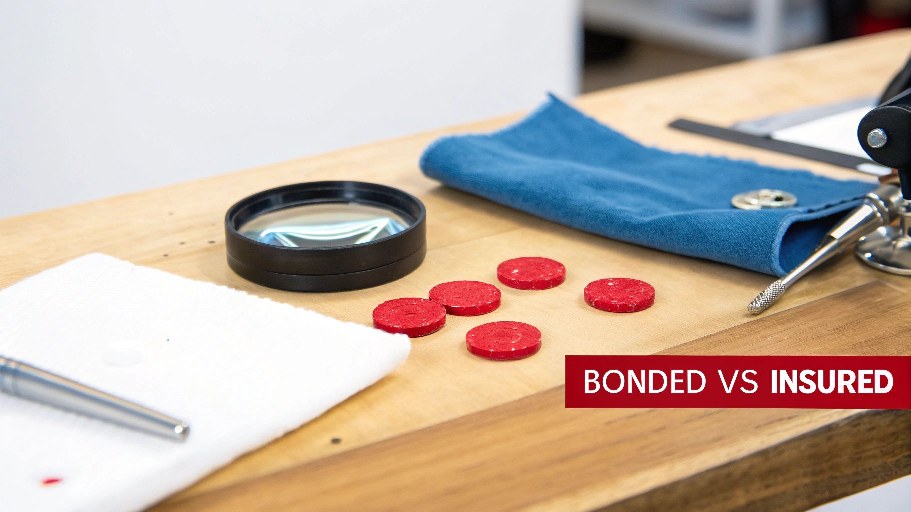 A wooden desk with a magnifying glass, red poker chips, a blue cloth, a pen, and a banner reading 'BONDED VS INSURED'.
