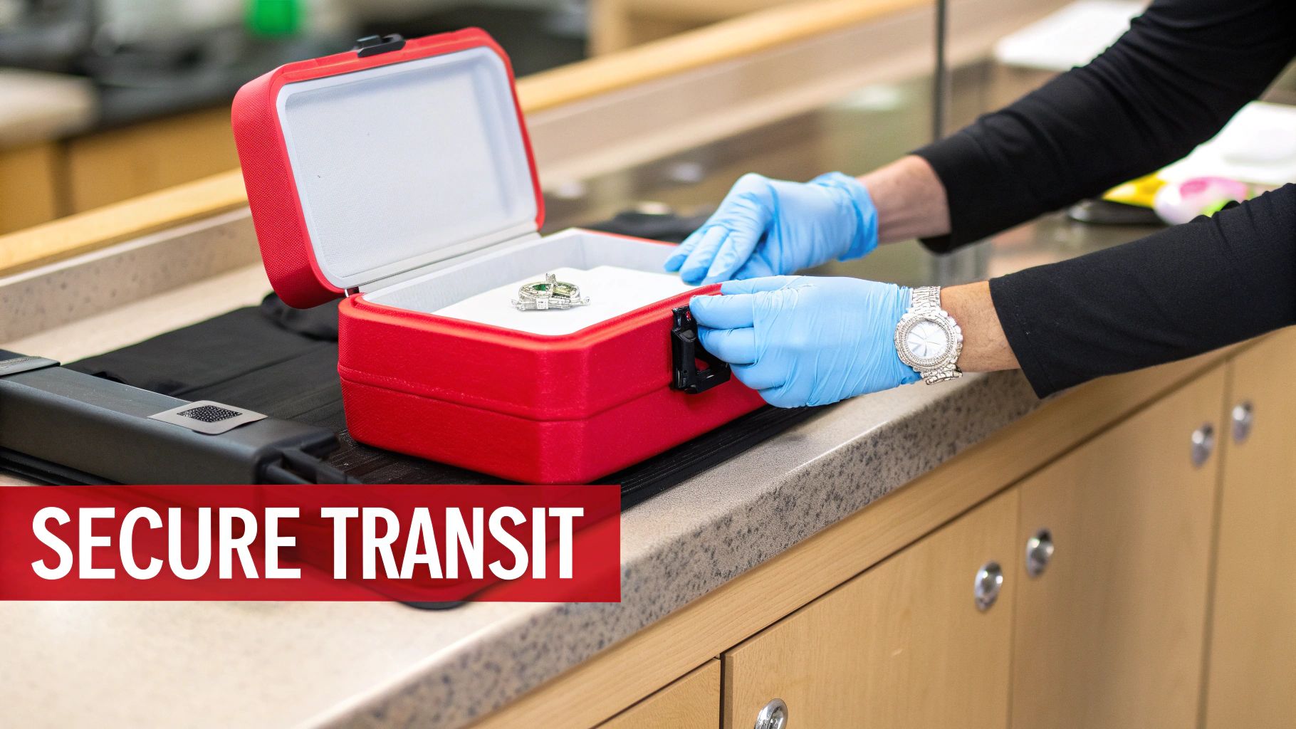 Hands in blue gloves secure a valuable piece of jewelry inside a red protective transit case.