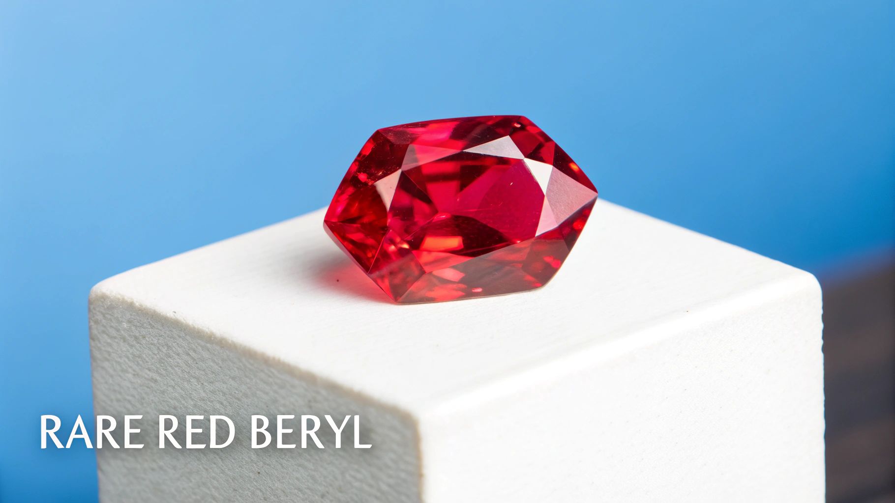 A dazzling faceted red beryl gemstone sits atop a white pedestal against a vibrant blue background.