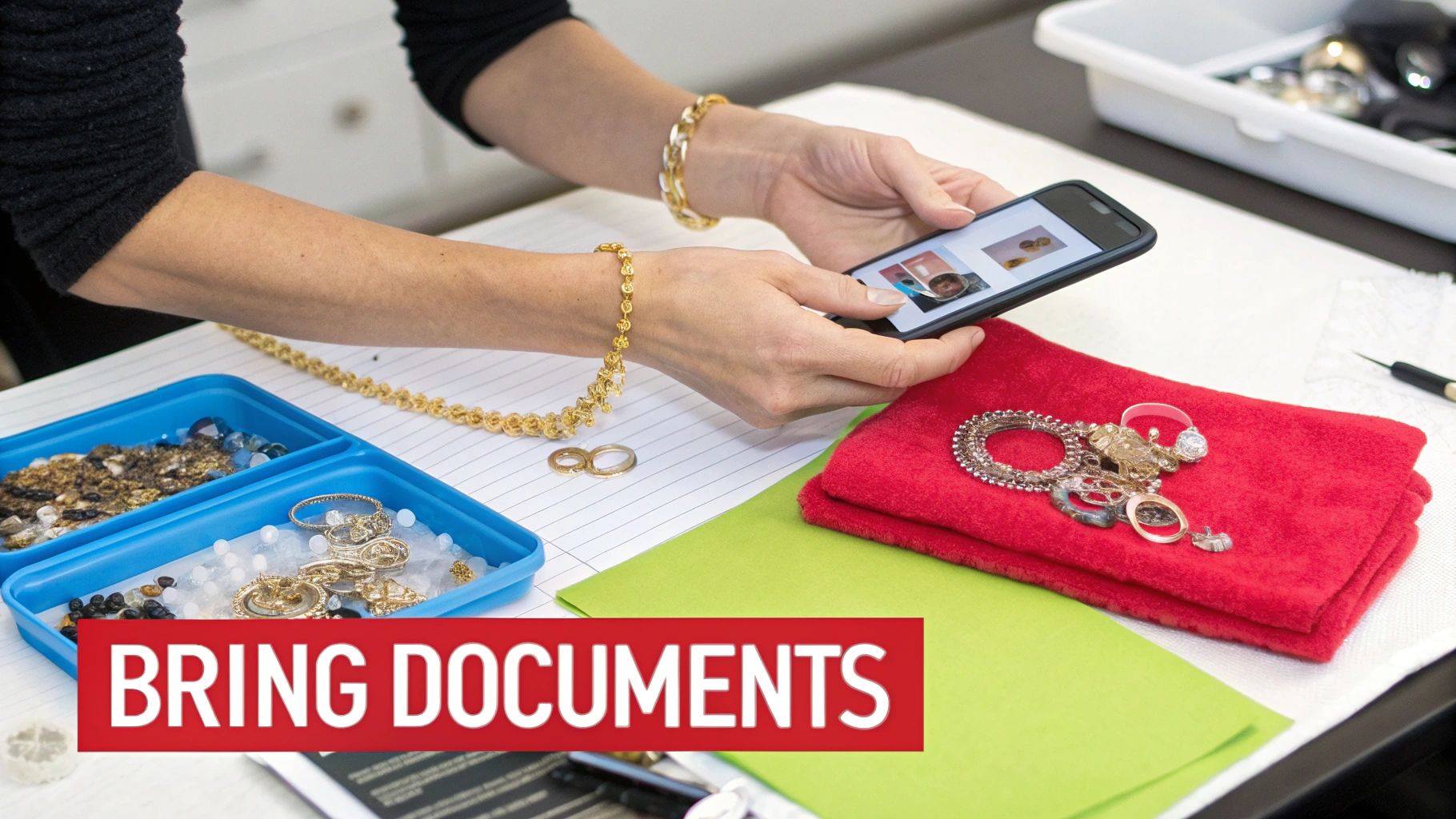 A person's hands use a smartphone to photograph various jewelry pieces, including gold necklaces, rings, and bracelets.